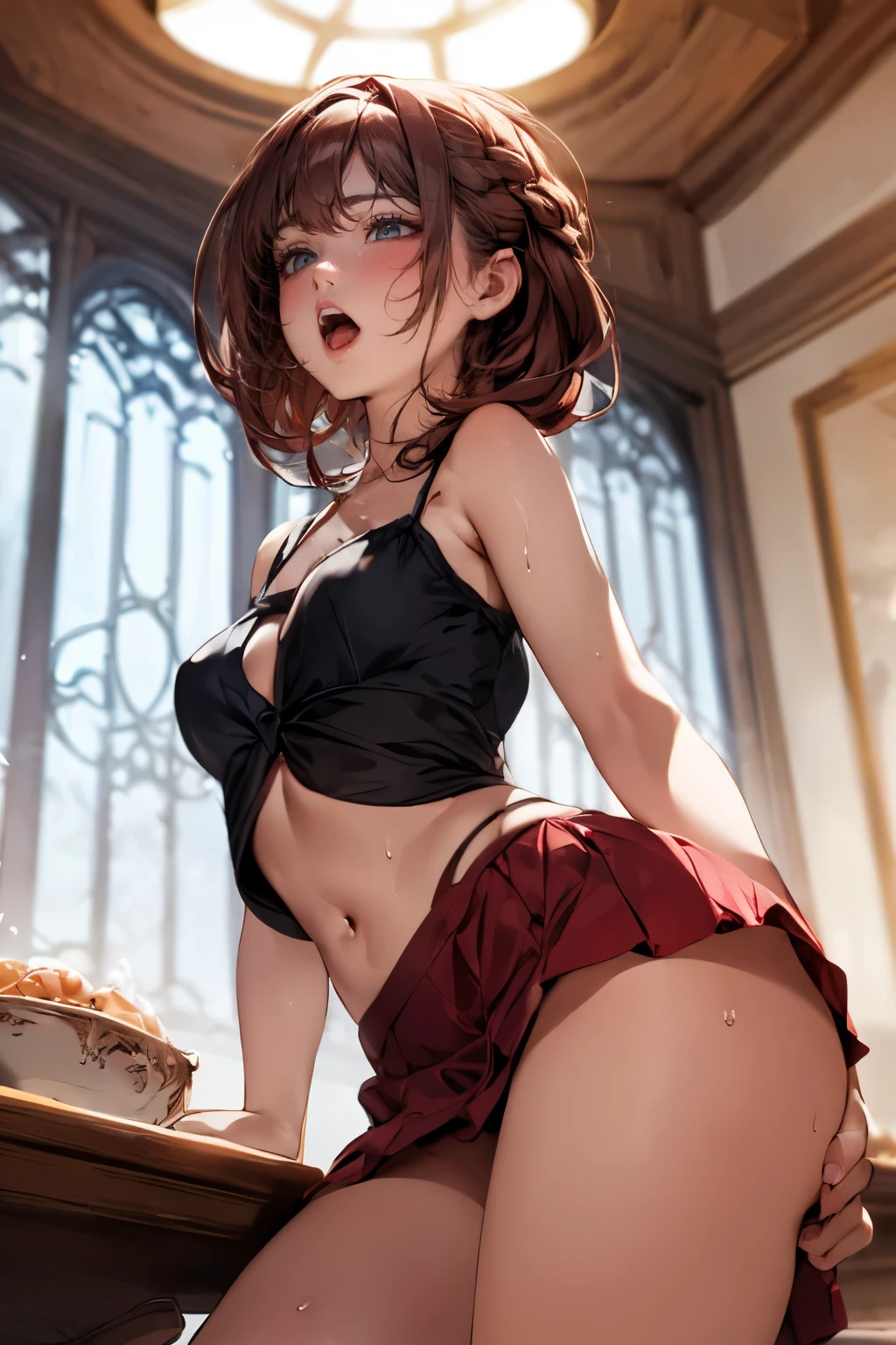 drooping eyes, eyes realistic sizing, ((round face, blush, shame play, emphasize body line, orgasm, squirting, rubbing crotch against table corner self pleasure, arch hip)), various pattern thin casual dress, tongue, spread legs, strong sunlight, sweat, dark red hair, braid, angle from side below, saliva, Girl with glasses, looking at camera, skirt raised, beautiful girl, perfect curves, flat abdomen