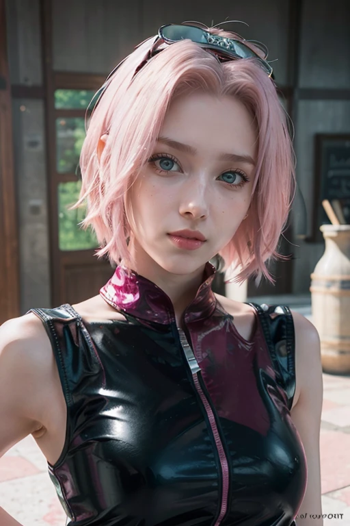 young woman, short shoulder-length pink hair, wide forehead, porcelain skin, pink eyebrows, big emerald green eyes, buttoned nose, full lips, heart-shaped face, slender body, small breasts, red tank top, Sakura Haruno , realistic, realism, details, 3d, well detailed
