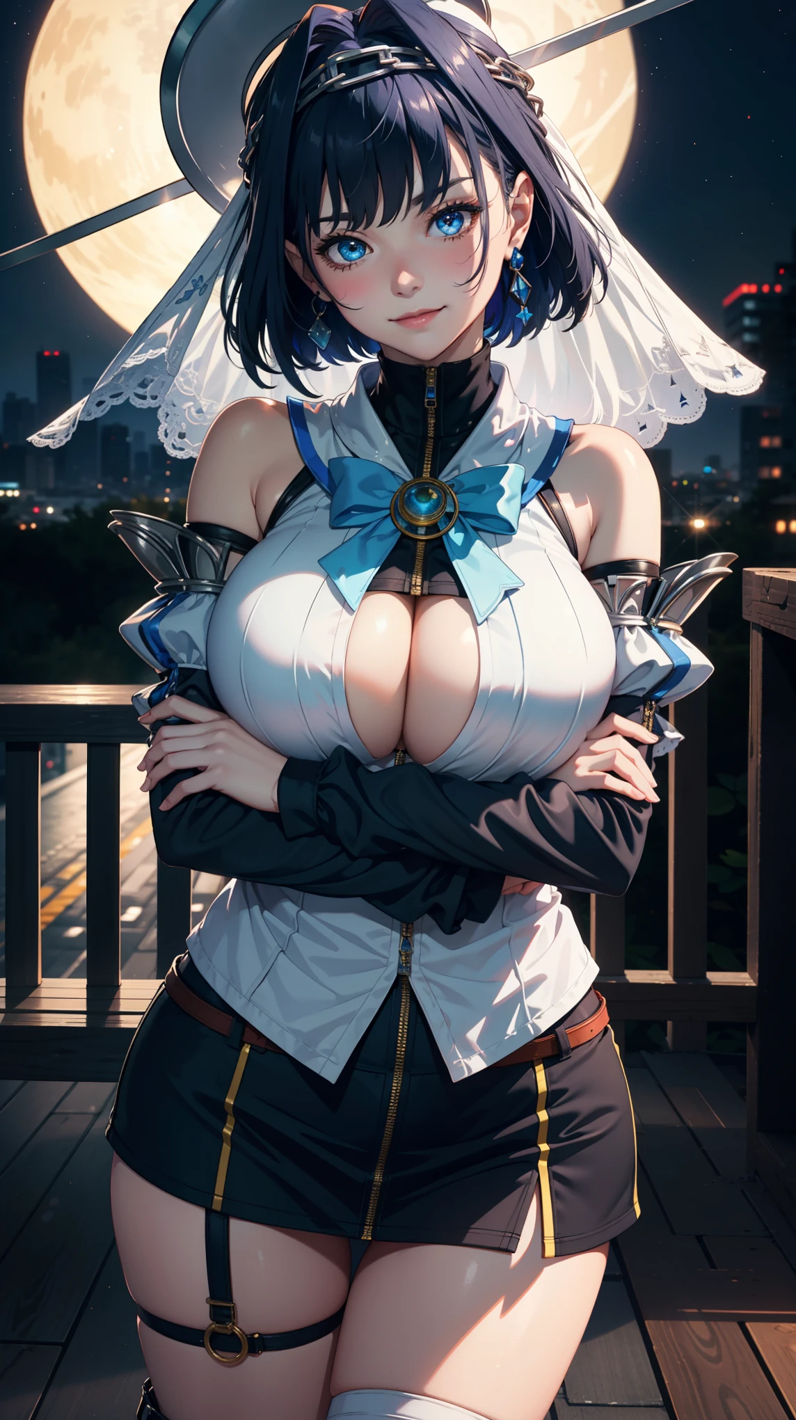 Masterpiece, ultra detail, high quality, 8k cg, huge breasts, kroniidef, night, blush, smile, bright eyes, standing, (eyes shining:1.5), (crossed arms poses),