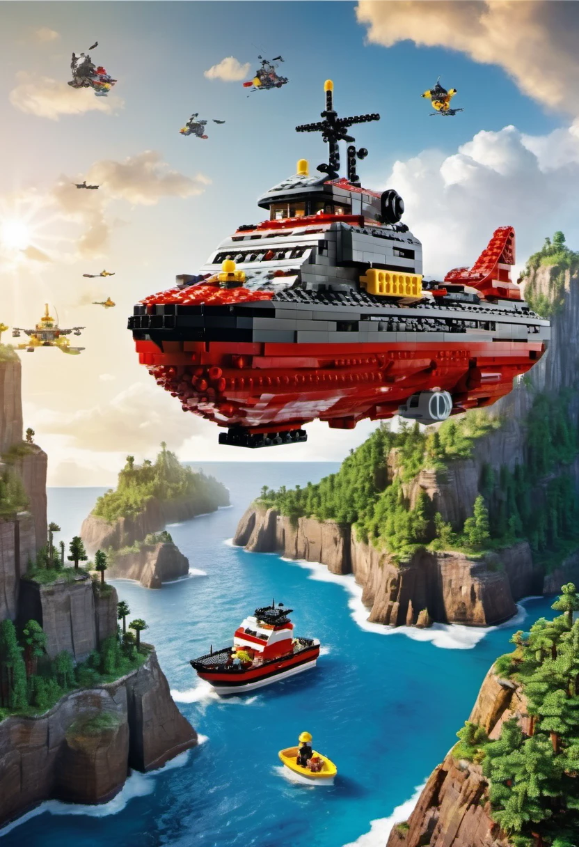 (Magazine cover :1.2)(best quality, high resolution, Lego ship floating in the sky，cliff