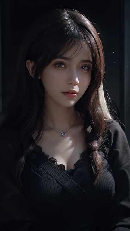 (front focus), (in the dark:1.6), Hyperrealist portrait of adorable, beautiful, iranian female , fantasy art, photo realistic, dynamic lighting, artstation, poster, volumetric lighting, very detailed faces, 4 k, award winning, 1girl, in the dark, deep shadow, low key, cowboy shot, (official clothing:1.4), long hair, white hair