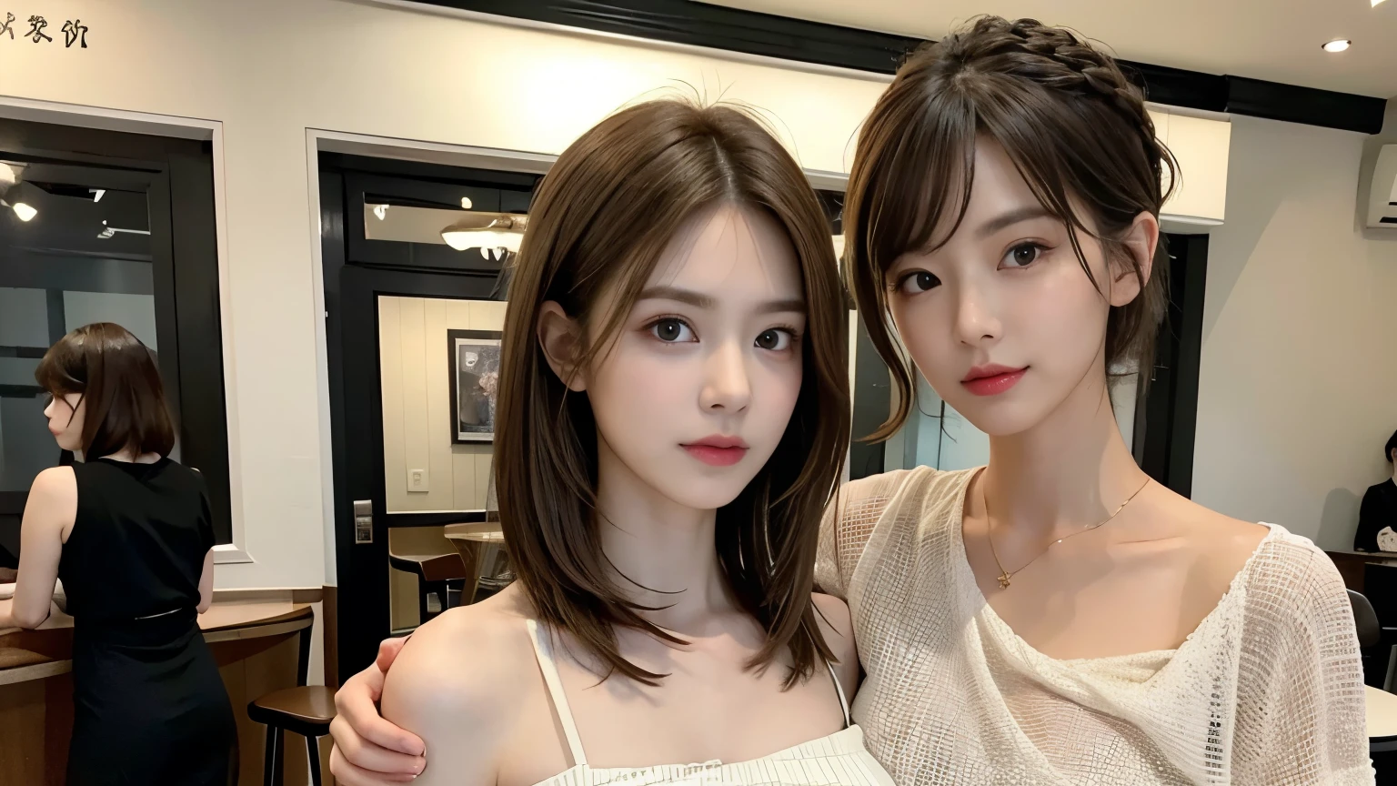 super high quality, Short Hair, Slender, The staff is working at the counter in the back., (8k、RAW Photos、highest quality、masterpiece:1.2), Shaggy, Stylish café, Fashion magazine photoshoot, (Realistic、Photorealistic:1.37), Mesh Hair, Normal chest, Urban Cafe, Golden Ratio, Raw photo, musician, Light Brown Hair, Bright cafe interior, Blurred Background, beauty salon model, Spring Clothes, Well-designed furniture, Beauty, Watching the audience, Beautiful hairstyle, suit, 28 years old, Neat clothes, Cool older sister,