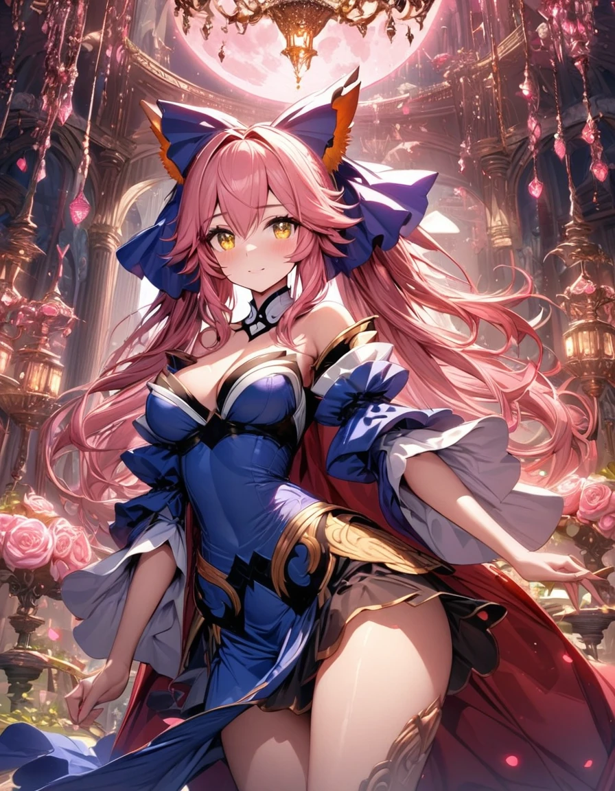 absurdres, highres, ultra detailed, HDR, masterpiece, extremely detailed face and eyes, beautiful eyes, amazing detailed eyes, extremely detailed features, Tamamo No Mae, expressive yellow eyes, pink hair, Fate Extra, solo, girl, extremely beautiful, pretty, fantasy world, pink roses, pink curtains, shining pink lanterns, chandelier, sky, pink moon, fantasy princess clothes, red cape, patterns
