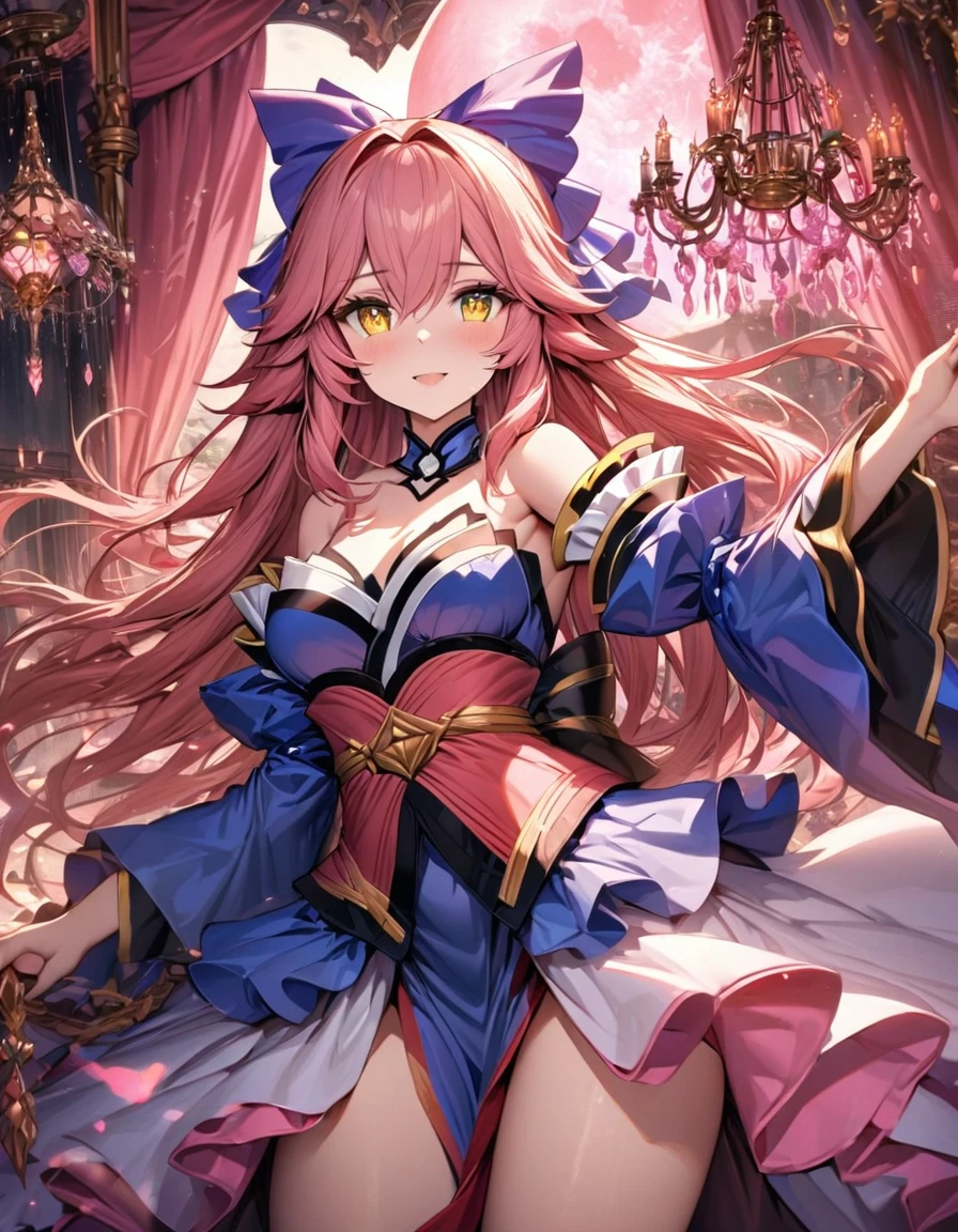 absurdres, highres, ultra detailed, HDR, masterpiece, extremely detailed face and eyes, beautiful eyes, amazing detailed eyes, extremely detailed features, Tamamo No Mae, expressive yellow eyes, pink hair, Fate Extra, solo, girl, extremely beautiful, pretty, fantasy world, pink roses, pink curtains, shining pink lanterns, chandelier, sky, pink moon, fantasy princess clothes, red cape, patterns