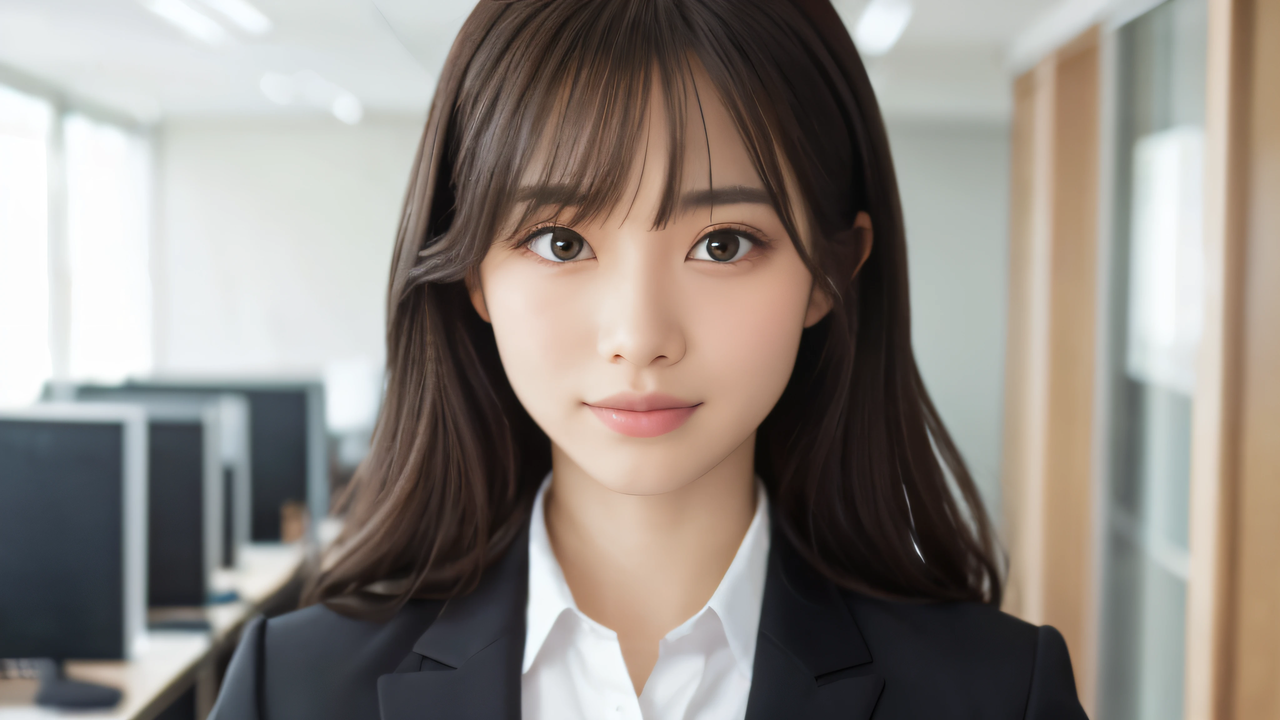 (Realistic: 1.4), (highest quality: 1.4), (Fine grain), Full body shot, ((office)), ((I&#39;m working)), ((One young woman)), Black wavy hair, ((Recruitment suits)), Wide eyes, Blushed face, ((smile)), Highly detailed face and skin texture, Healthy Skin, 8k resolution