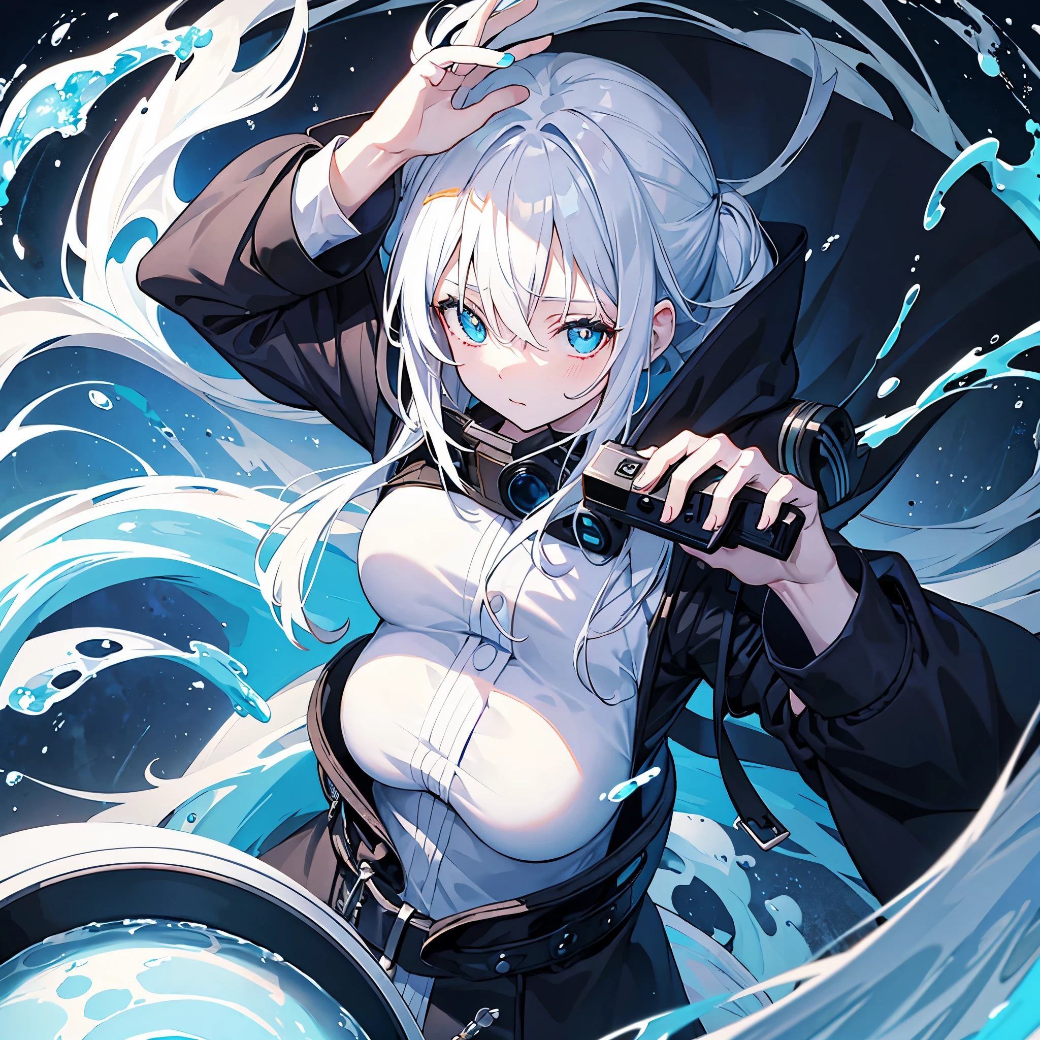 Anime girl, white hair. Blue eye, black coat, holding camera, slime,