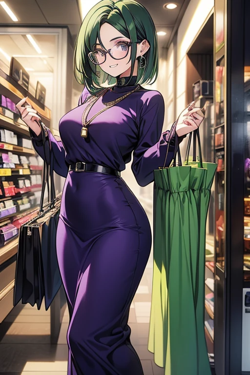 a green haired woman with purple eyes with an hourglass figure with glasses in a purple sweatshirt dress is shopping in a clothing store