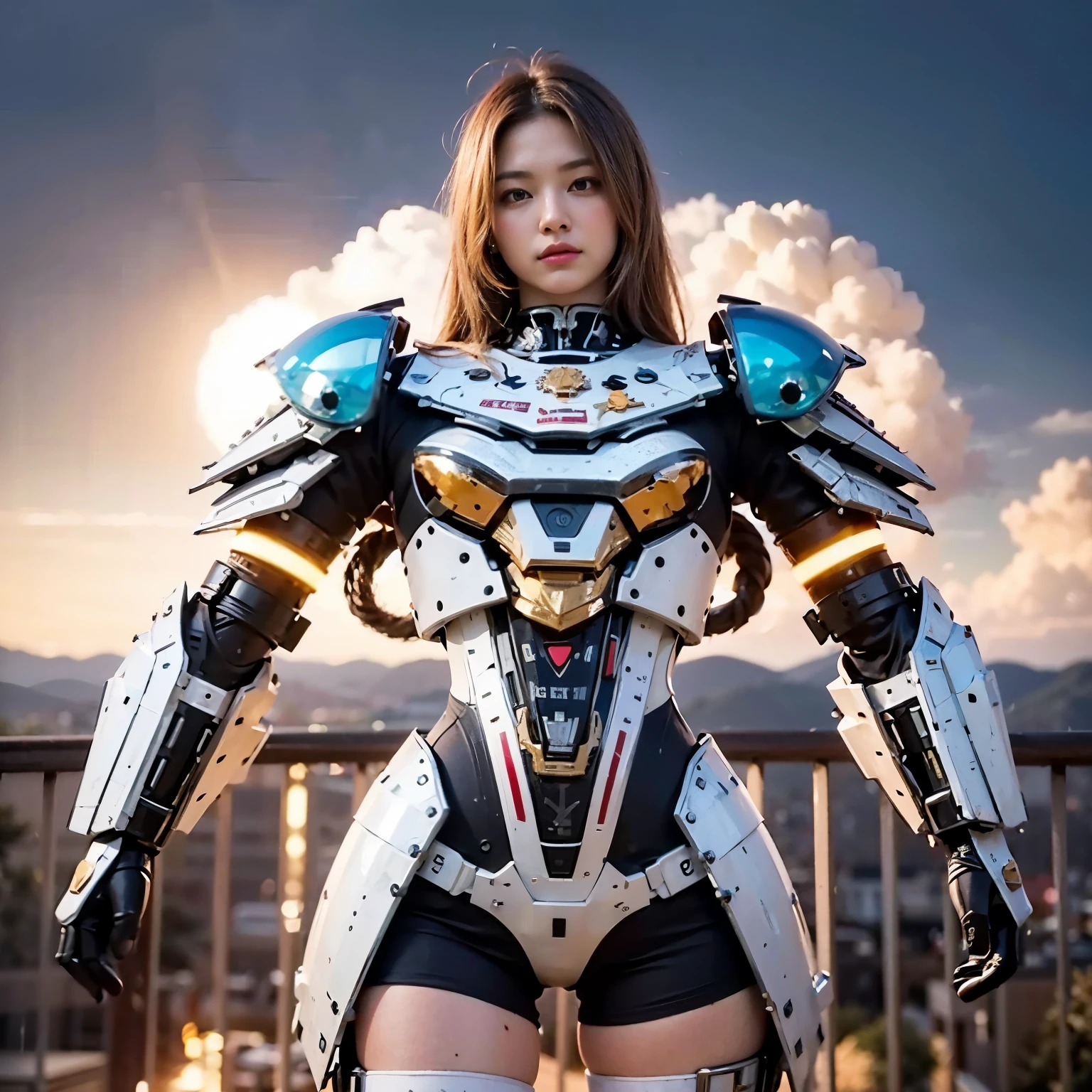 zhongfenghua, (RAW photo, best quality), (realistic, photo-realistic:1.3), extremely delicate and beautiful, Amazing, finely detail, masterpiece, ultra-detailed, highres,best illustration, best shadow,intricate,depth of field,(dramatic lighting:1.4),(from above:1.2),sharp focus, volumetric fog, 8k UHD, DSLR, high quality,(film grain:1.4), Fujifilm XT3,full body,A beautiful young woman wearing white suit, half human half robot face, ((1 robot,1 robot,Mechanical costalis,Mechanical spine))|Monotonous metallic color,Metal has no color, robot no color,robot girl,metallic mixture,cyborg girl)),looking at viewer, facing front, fighting stance (Cable:1.2),(Transmission tube:1.2),(Machine eye:1.3),((Mechanical part connection)),((both arms)|(complex mechanical component:1.2~1.6)),((costalis)|(robot joints:1.2~1.6)), ,streamlinerai mecha,(lightsaber),earth,milky_way,starry,water,((armor)),water,wave, ((pink color:1.5))