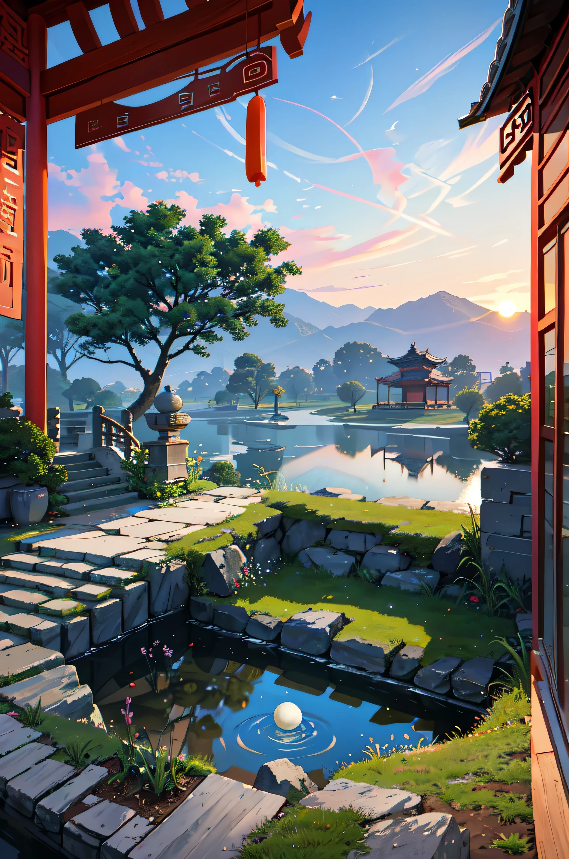 Ancient Chinese 아치itecture, Cool colors, sunset, moon, garden, lake, grass, rock, (illustration: 1.0) , Narrative construction, HD detail, masterpiece, best quality, (Highly detailed CG Unity 8k wallpapers)