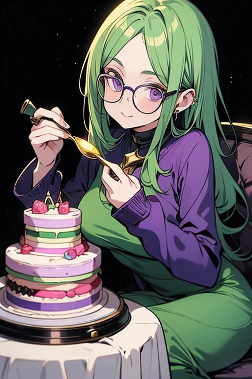 a green haired woman with purple eyes with an hourglass figure with glasses in a purple sweatshirt dress is eating a slice of cake