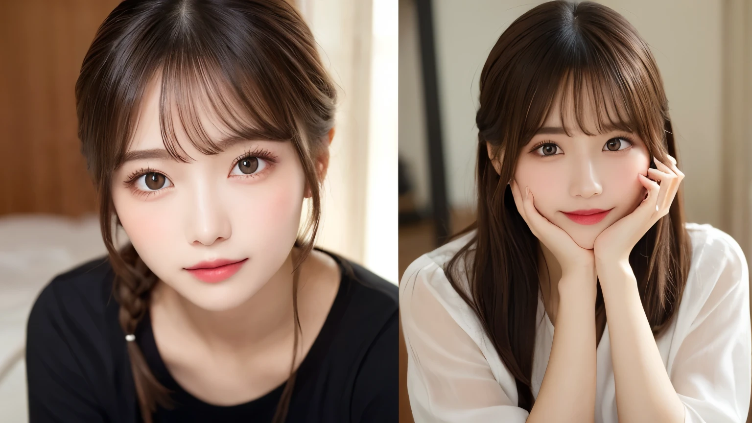 on the table, best quality, shape, Super detailed, Finely, high resolution, 8k wallpaper, 完璧なダイナミックな構shape, Beautiful and delicate eyes, Medium Length Hair, Small Breasts, Natural lipstick, Casual sexy pose,Smile,20 year old girl、midnight、Beautiful and detailed face、Perfect beautiful face,big eyes、original photo、Use the whole body to express female posture、Beautiful and delicate eyes、Small face、Beautiful duplex、Facelift and style,shirt、Beautiful golden ratio face,Double ponytail hairstyle