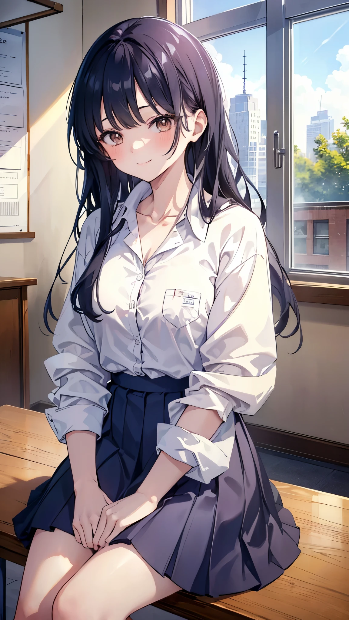 ((masterpiece、highest quality、Super detailed))、One girl、Black Hair、aaanna、long hair、brown eyes、smile、collarbone、collared shirt、white shirt、sleeves rolled up、pleated skirt、blue skirt、miniskirt、Cowboy Shot、Sit on a chair、Classroom Background