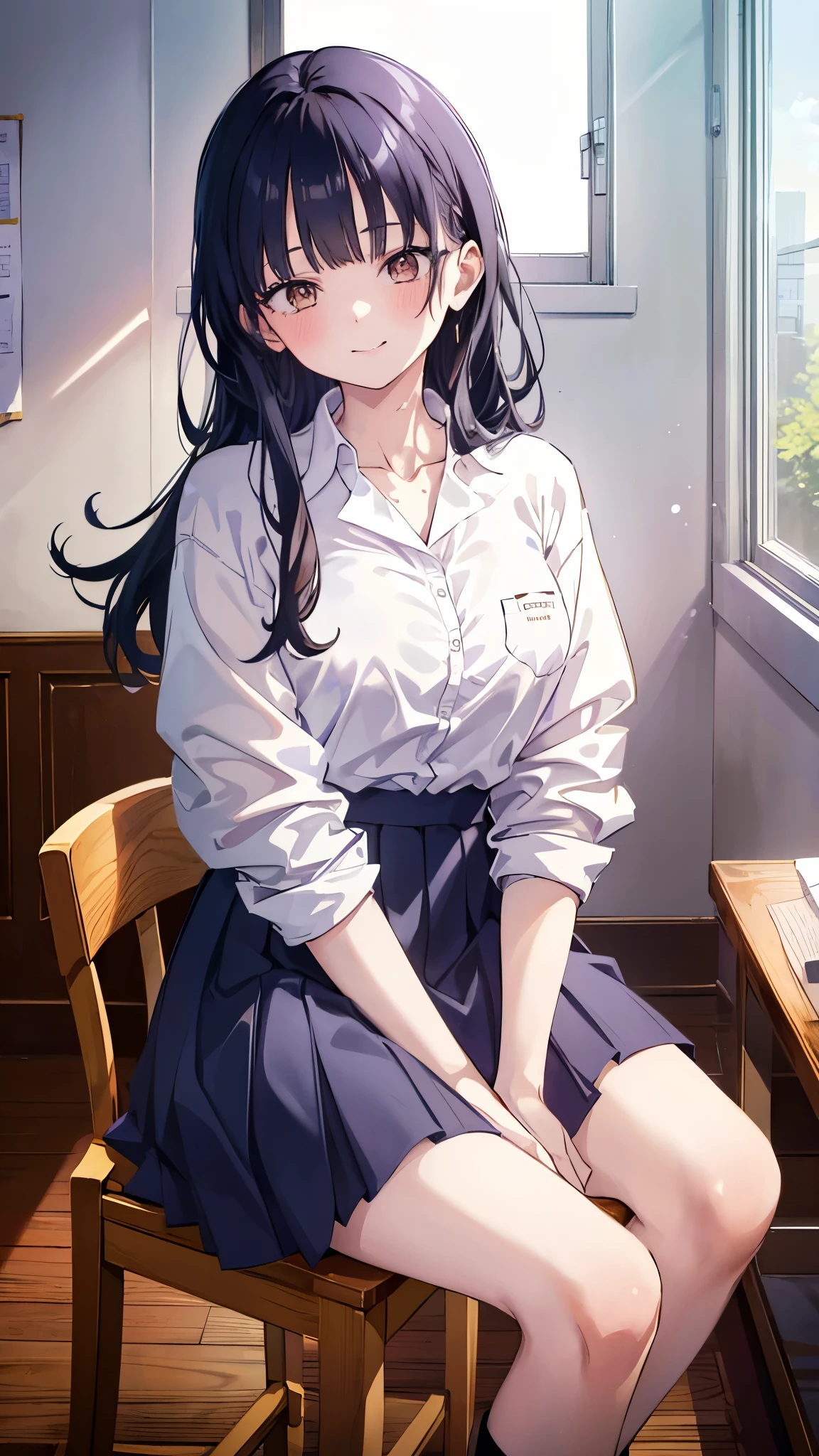 ((masterpiece、highest quality、Super detailed))、One girl、Black Hair、aaanna、long hair、brown eyes、smile、collarbone、collared shirt、white shirt、sleeves rolled up、pleated skirt、blue skirt、miniskirt、Cowboy Shot、Sit on a chair、Classroom Background