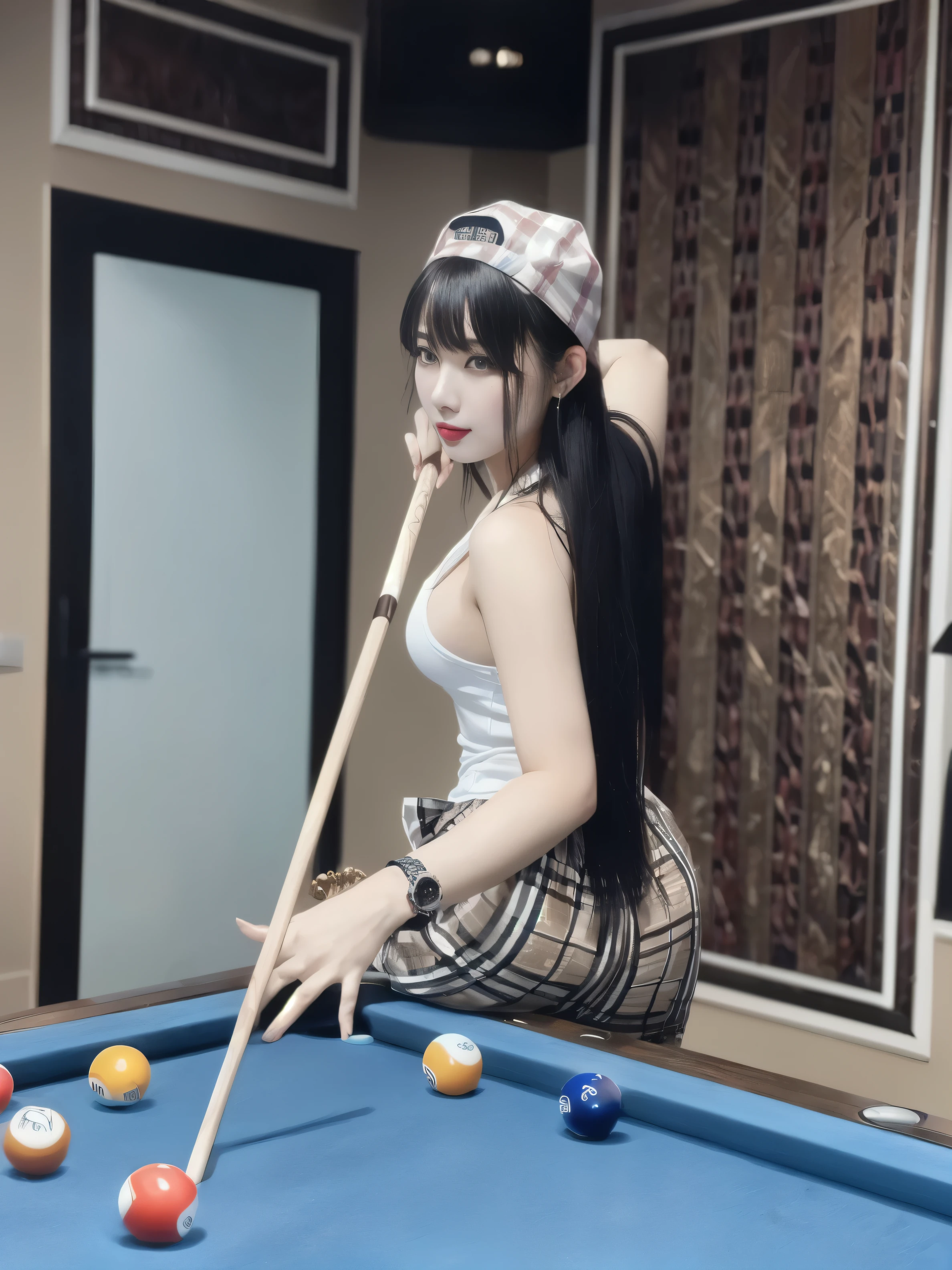 araffe woman in a white tank top and plaid skirt playing pool, trending at cgstation, wenfei ye, 🔞🤡, 2 2 years old, 18 years old, chinese girl, ig model | artgerm, 🔥 😎 🕹️ 👀 :2, 19-year-old girl, xintong chen, 21 years old