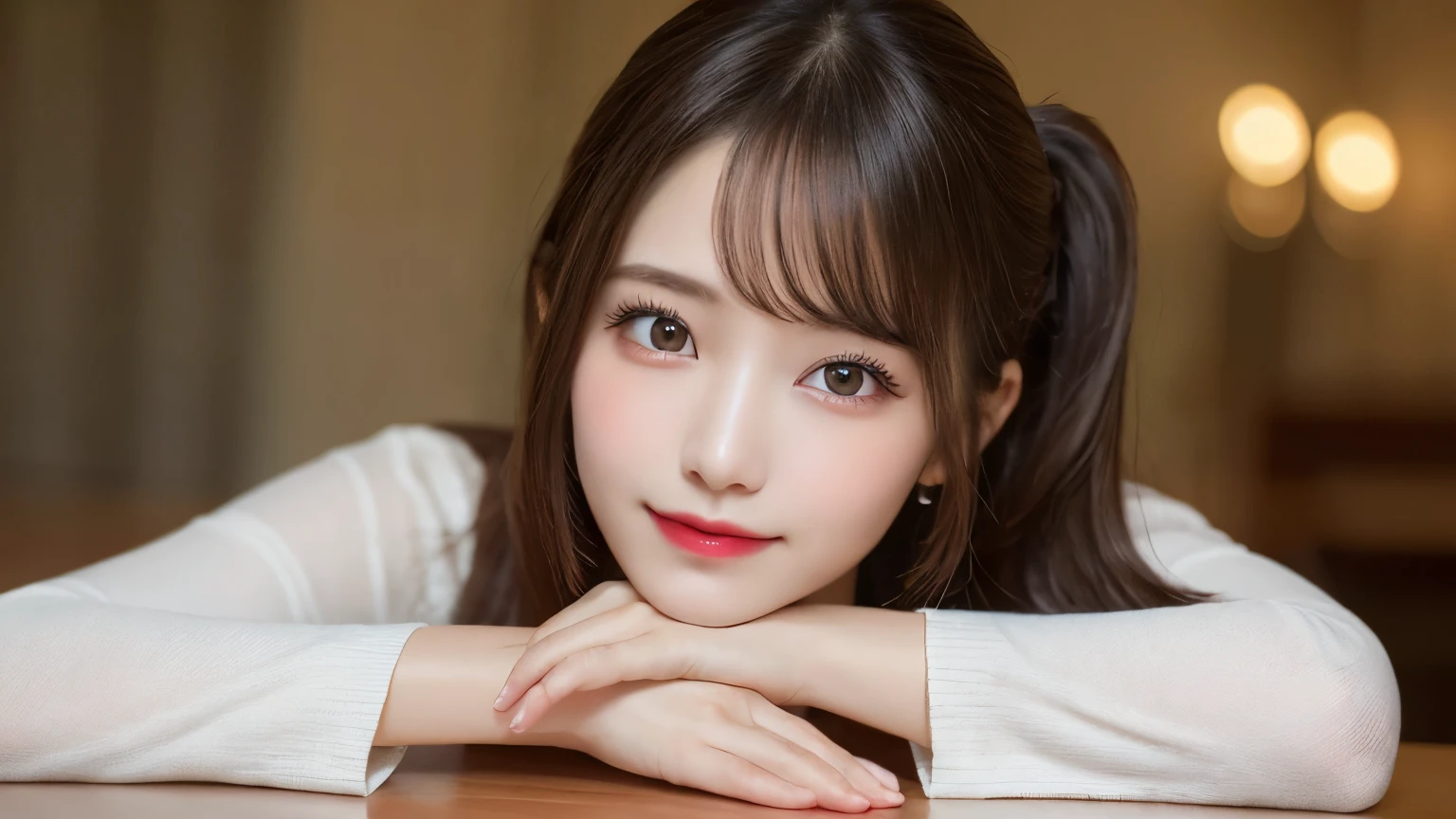 on the table, best quality, shape, Super detailed, Finely, high resolution, 8k wallpaper, 完璧なダイナミックな構shape, Beautiful and delicate eyes, Medium Length Hair, Small Breasts, Natural lipstick, Casual sexy pose,Smile,20 year old girl、midnight、Beautiful and detailed face、Perfect beautiful face,big eyes、original photo、Use the whole body to express female posture、Beautiful and delicate eyes、Small face、Beautiful duplex、Facelift and style,shirt、Beautiful golden ratio face,Double ponytail hairstyle
