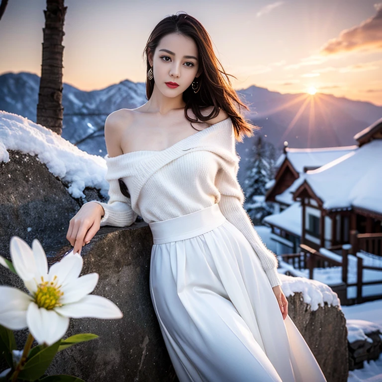 ((top quality、8k、masterpiece:1.3))、Very pretty beautiful girl，full-body shot，Huge breasts，Breast enlargement，amazing breast size，G cup。Wear big earrings，The skin is very white，Hydrating red lips，Very thin waist，Thighs are very thin，Big Ass，Fair and smooth skin，Smooth and fair skin，Flawless skin，Fair and shiny skin，Cool white skin，The camera focuses on the chest，Bright light，Loose white thin sweater，Down，Bare shoulders，white hair，Hair has turned white，Snow covered the ground，Snow Mountain，Sunset，There is a tree full of white flowers on the upper right.，（手中拿着一把Long Sword:1.8）,Long Sword，Martial Arts，effort，