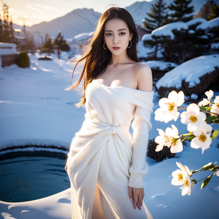1girl,dress,((big breasts)),portrait,<lora:Anqi:0.9>,(((masterpiece))), ((the best quality, super fine illustrations, beautiful and delicate water)), ((very delicate light)), ((nature, painting)), ((fine lighting, more transparent stars, high-quality snowflakes, high-quality mountains, very fine 8KCG wallpapers)), (plateau), (((snow mountain))), sunrise, randomly distributed clouds, (snow field), cliff, ((rotating star sky)), ((lake in mountain stream)), luminous particles,