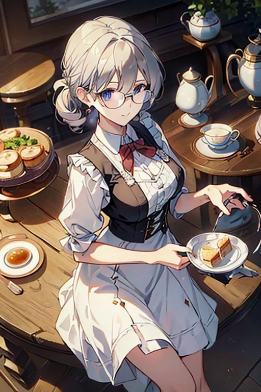 (best quality, masterpiece), (ultra high resolution, 8K RAW photo, photo realistics:1.5, textile shading, thin outline, clear focus:1.2), Beautuful Matured woman preparing tea-time in the garden, standing by the round table, (tea set, tea pot, tea cups, some cakes on dish), classy art deco style table, wearing light_brown maid uniform, breast cleavage, maid costume:1.2, long flare skirts, apron, bow ties on thechest, long tall sally, long legs, long white hair, (wearing thin-flame glasses:1.2), (milf:1.5, 28 years old, solo), (large breast, sagging breast, big tits, narrow waist), (medium short white hair, hair over one eye, (updo hair:1.2), side lock, asymmetric hair, wavy hair), (bright pupils, detailed eyes, high detailed face, Perfect face shape, eye rush), (seductitve smiling, half-closing eyes), (looking at viewers:1.3), (dynamic angle, full body, from above:1.2), ((correct anatomy:1.5, correct hands)), (ideal ratio of body proportions), (outdoor:1.2, grass field),
