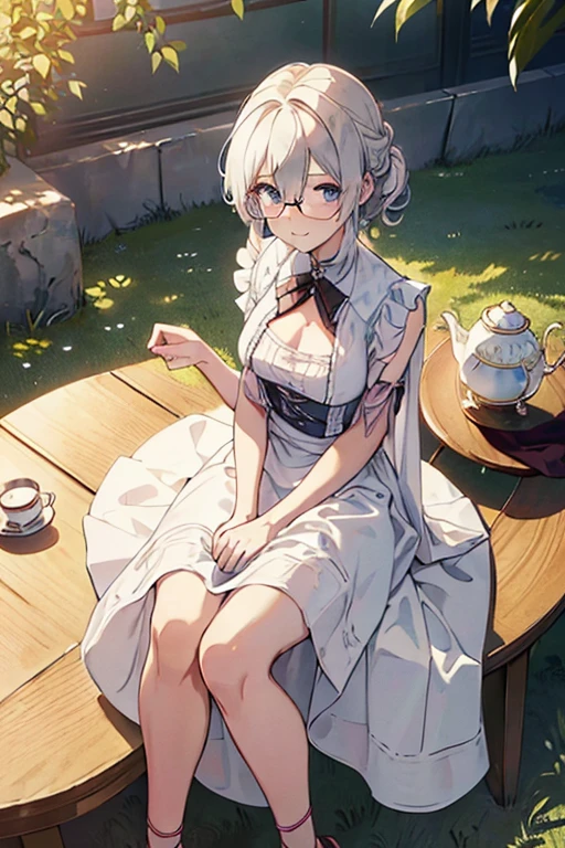 (best quality, masterpiece), (ultra high resolution, 8K RAW photo, photo realistics:1.5, cinematic lighting, textile shading, thin outline, clear focus:1.2), Beautuful Matured woman preparing tea_party in the garden, standing by the round table, serving a cup of tea, leaning forward, (meisen's tea set, tea pot, tea cups, some cakes on dish), delicate and classy French style white table with gold accents and royal_blue, (wearing light_brown maid uniform:1.7, breast cleavage, maid costume:1.2, long flare skirts, apron, bow ties on the chest), long tall sally, long legs, white hair, (wearing thin-flame glasses:1.2), (milf:1.5, 28 years old, solo), (large breast, sagging breast, big tits, narrow waist), (medium short white hair, hair over one eye, (updo hair:1.2), side lock, asymmetric hair, wavy hair), (fine bright pupils, high detailed eyes with highlight:1.3, high detailed face, Perfect face shape, eye rush), (seductitve smiling, half-closing eyes:1.2), (looking at viewers:1.3), (dutch angle, full body:0.7, from below:1.2), ((correct anatomy:1.5, correct hands)), (ideal ratio of body proportions), (outdoor:1.2, grass field),