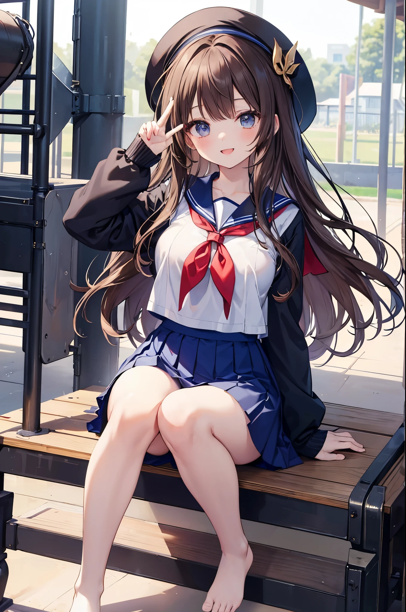 (masterpiece, best_quality), extremely_detailed_CG, woman posing for a photo, shy smile, Happy, long hair, straight hair, fine skin, beautiful hands, beautiful fingers, Wearing a beret, tie, short sleeve blouse, pleated skirt, thighs, Absolute area, knee socks, during the day, hot summer day, School, schoolyard, sitting on the bench, Canned juiceを持っている, Natural light, detailed face:1.2, sharp focus, Hasselblad Photos, masterpiece, light makeup, cinematic lighting, 4k, highest quality, sharpness, anime style, whole body, Canned juice, 