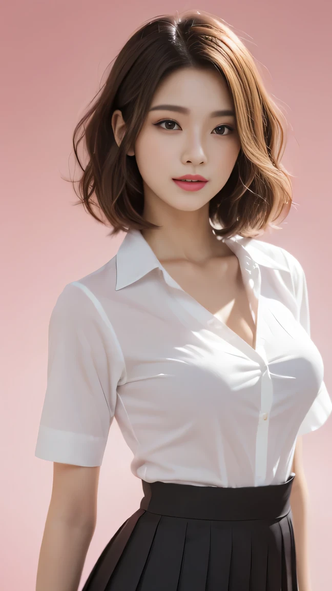 Generate with SFW, (1 girl:1.3), Cowboy Shot, Japanese, 17 year old supermodel, the body is slim, high school girl, (from before), (highest quality:1.4), 32k resolution, (Realistic:1.5), (Ultra-realistic:1.5), High resolution UHD, (masterpiece:1.2)), (Improvement of quality:1.4), (Very beautiful facial details), (Highest quality realistic skin texture:1.4), (Perfect Anatomy:1.2), (Are standing:1.37), ((school uniform)), (( White short sleeve blouse shirt:1.21)), blouse is cleavage cutout, , ((Black pleated skirt)), (Do not emphasize the top of the bust), ((pink background color:1.15)), Accurate Fingers, Very detailed, Symmetrical eyes, Fine eyelashes, Thinly trimmed eyebrows, View audience, Natural Makeup, [Pink lipstick], ((A good eye for quality:1.2)), (tired, Sleepy and satisfied:0.0), (Beautiful Lips:1.33), (Great nose:1.2), ((Physically Based Rendering of the Background:1.37)), (medium breast), Tight waist, (Heavy chest:1.05, slim lower body), Brown Hair, bangs, (natural wave hair :1.37), , Gentle light illuminates the face and body, Spectacular and inspiring cinema lighting, arms at sides, naughty smile, (black_bra visible through clothes:1.1),