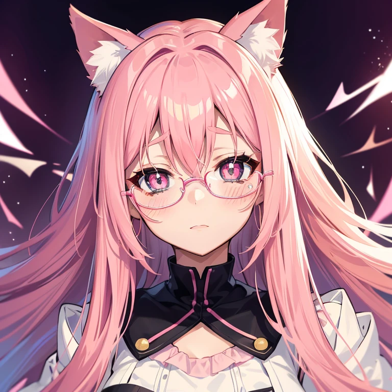 She wears long dark pink hair,Has dark pink fox ears,The face is relatively large,Black pupils,Wear a matching of pink and white clothes,It's a very cute, cry, glasses