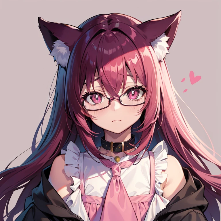 She wears long dark pink hair，Has dark pink fox ears，The face is relatively large，Black pupils，Wear a matching of pink and white clothes，It's a very cute, cry, glasses