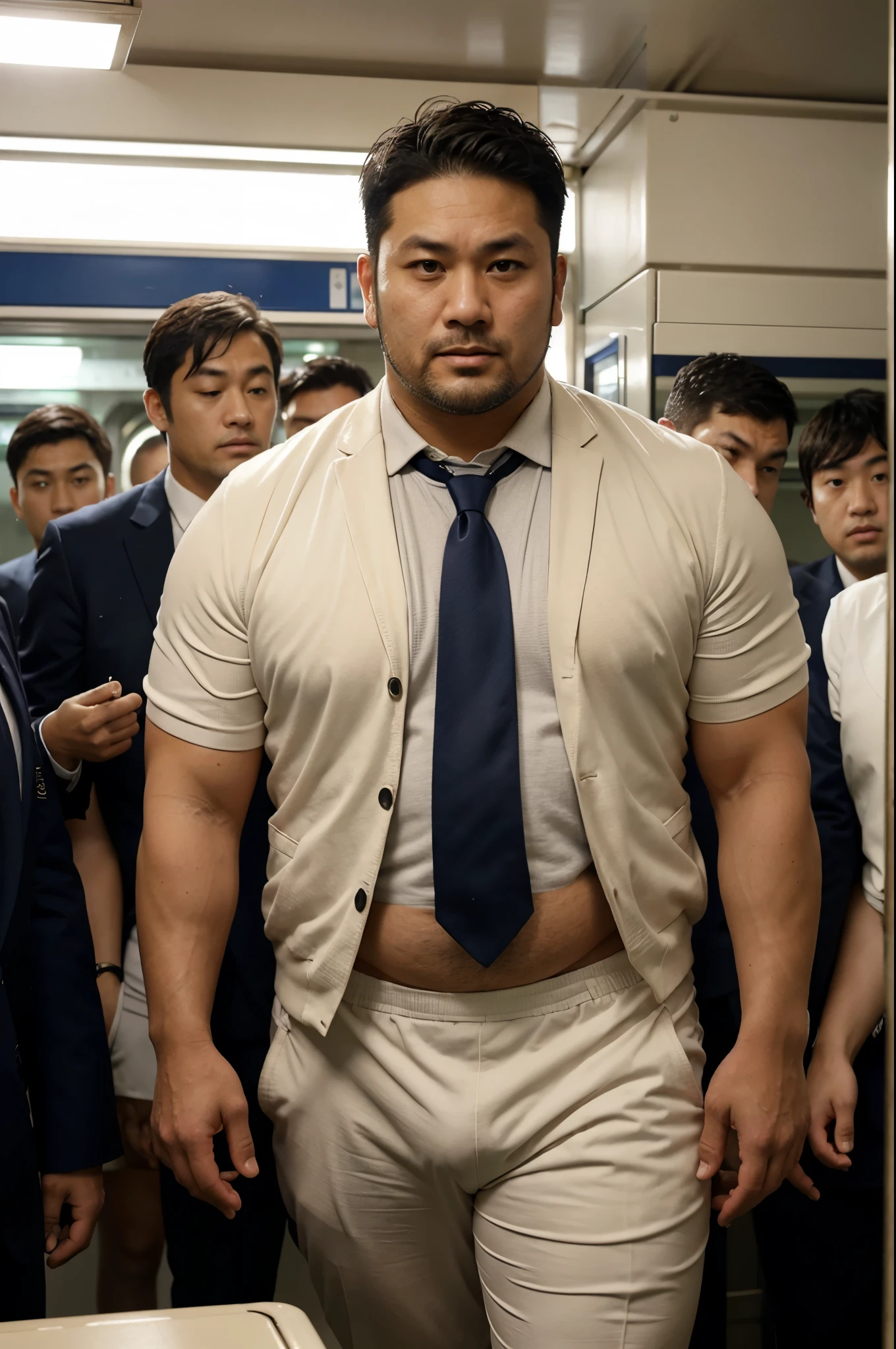 A stocky chubby Japanese man in his 40s, a former rugby player with a short beard and wearing a suit jacket and tie, standing in a crowded train with only white competitive swim suits underneath
