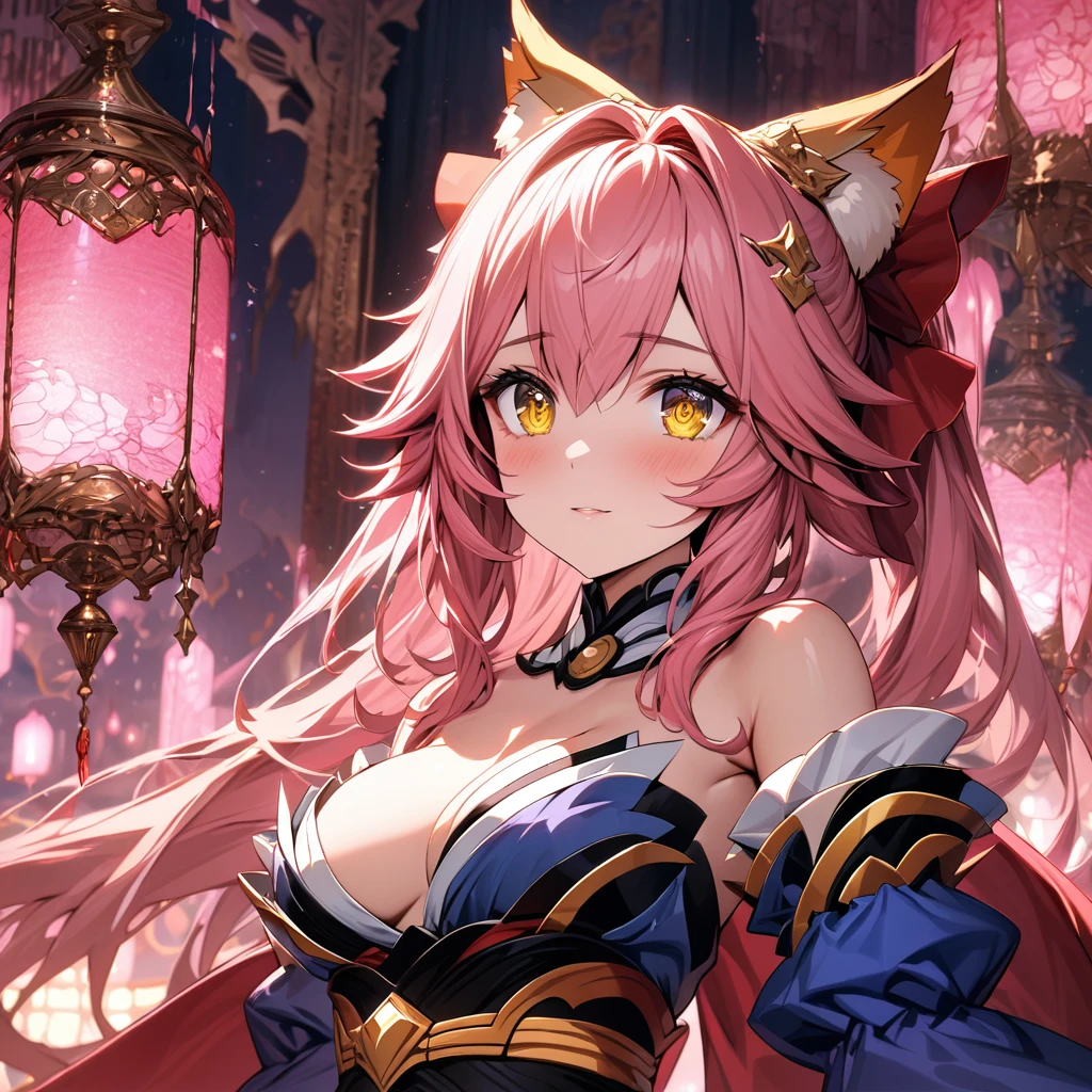 absurdres, highres, ultra detailed, HDR, masterpiece, extremely detailed face and eyes, beautiful eyes, amazing detailed eyes, extremely detailed features, Tamamo No Mae, expressive yellow eyes, pink hair, Fate Extra, solo, girl, extremely beautiful, pretty, fantasy world, pink roses, pink curtains, shining pink lanterns, chandelier, sky, pink moon, fantasy princess clothes, red cape, patterns