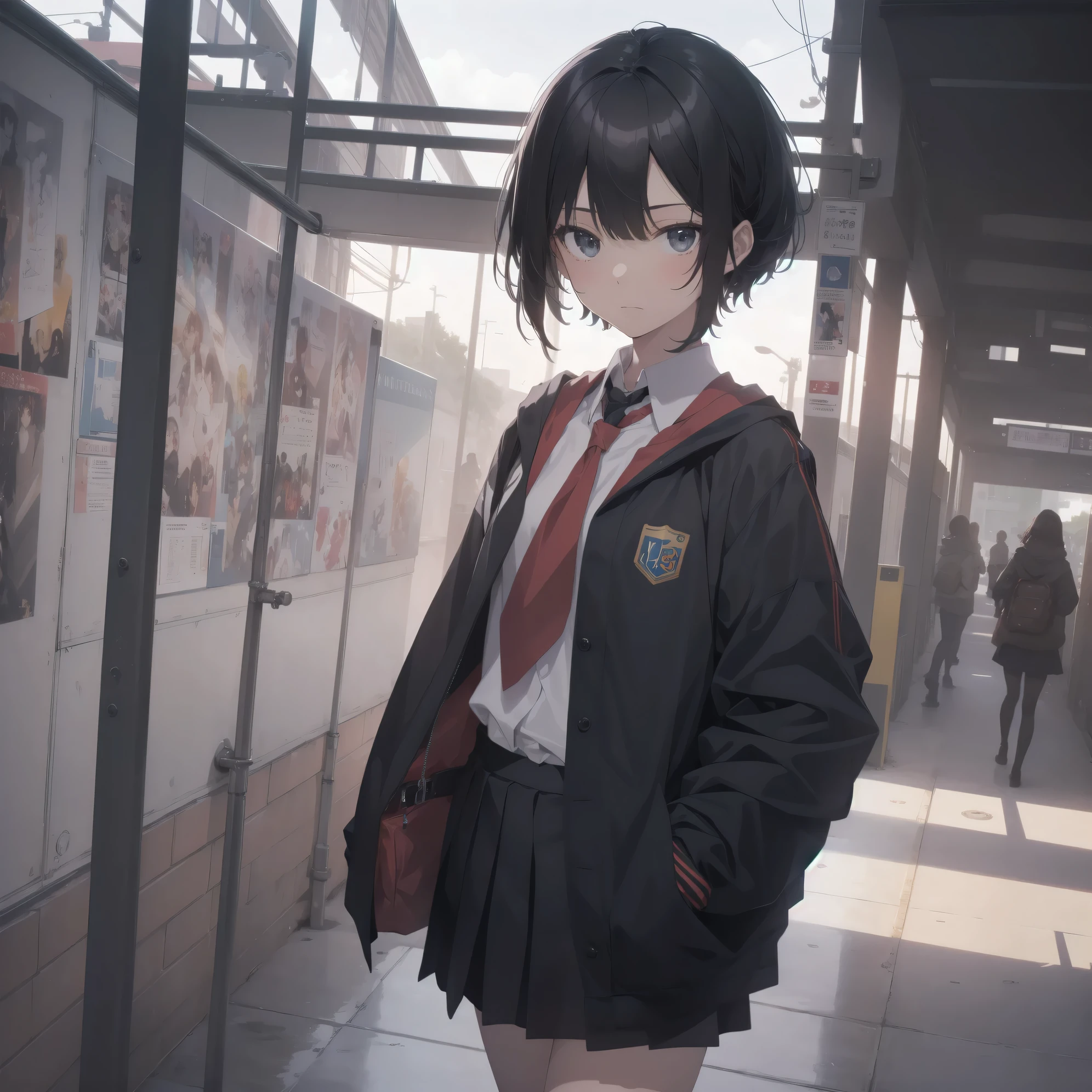ultra-absurdres-Top quality by artist God, ultra-detailed, high resolution, anime moe artstyle, best anime 8k konachan wallpaper, pixiv contest winner,pool:2810, perfect anatomy,break, 1girl, (Please draw a girl walking sleepily to school alone. )break,(Solo,little female, 13-year-old:1.3),Full limbs, complete fingers,a junior high school student, (very short hair), short cut, flat chest, , small butt, small black eyes, beautiful detailed eyes, well-proportioned iris and pupils, expressive eyes, highres detailed hair, soft expression, school_uniform, official_alternate_costume, neckerchief, collared shirt. pleated skirt,(Detailed Lighting), (Detailed background), in the School commute route. break,super detailed skin, Best cinematic lighting powered by famous artist, 8k,beauty illustration,photoshop_(medium),very aesthetic,break,((artist:shiokonbu )), artist:bolze ,artist:oyari_ashito ,artist:kantoku ,