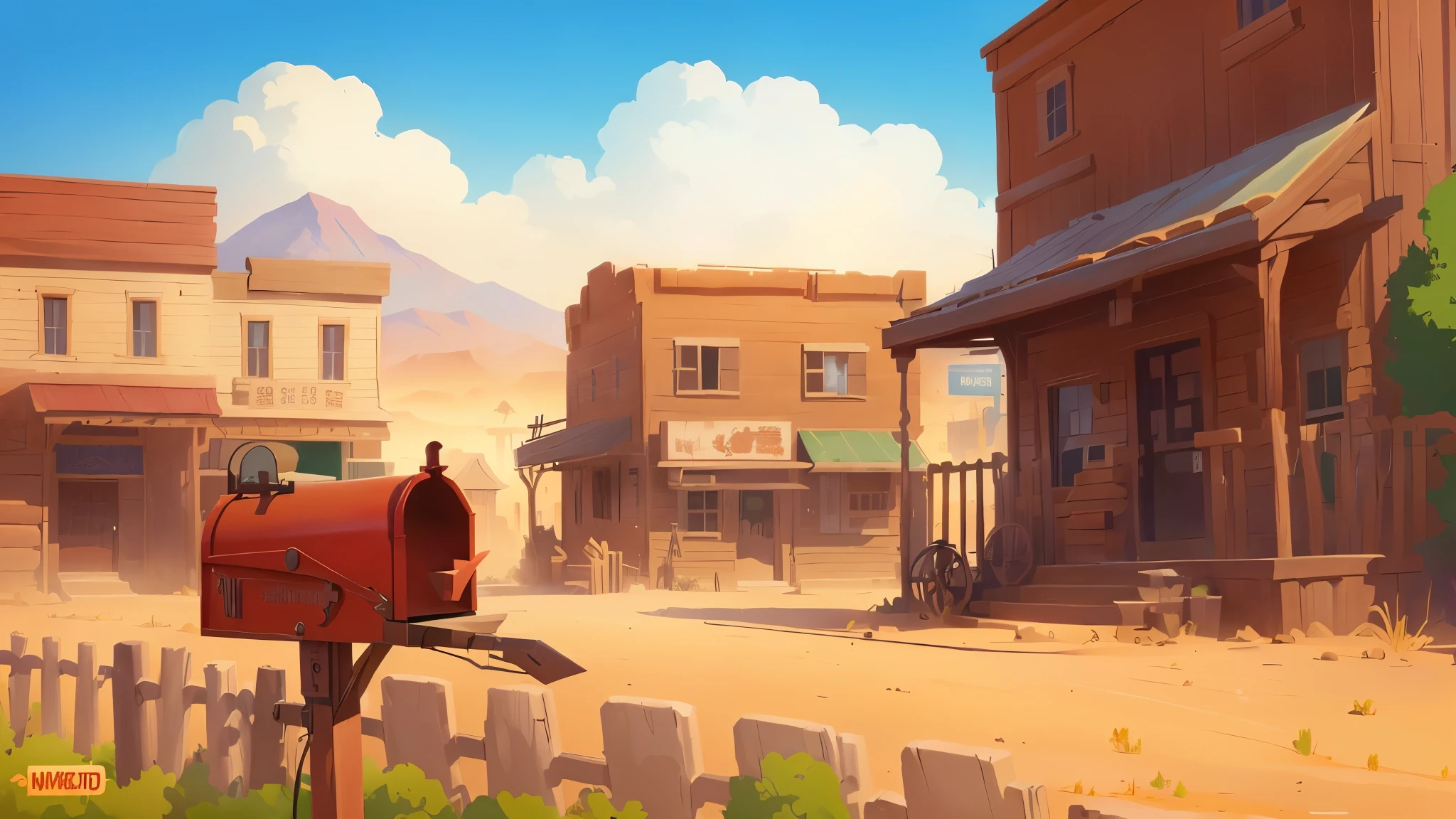 Cartoon illustration of a town with a mailbox and fence, Western Town, Town Background, background technologywork, stylized concept art, Wild West background, background technology, Stylized game art, 在一个狂野的Western Town, Stylized digital illustration, Old West Town, Downtown Background, 2D Game Environment Design, game illustration, Western Background, The Old West
