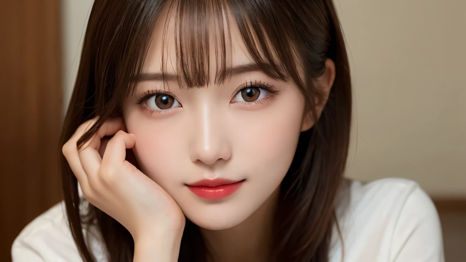 on the table, best quality, shape, Super detailed, Finely, high resolution, 8k wallpaper, 完璧なダイナミックな構shape, Beautiful and delicate eyes, Medium Length Hair, Small Breasts, Natural lipstick, Casual sexy pose,Smile,20 year old girl、midnight、Beautiful and detailed face、Perfect beautiful face,big eyes、original photo、Use the whole body to express female posture、Beautiful and delicate eyes、Small face、Beautiful duplex、Facelift and style,shirt、Beautiful golden ratio face,Long hair