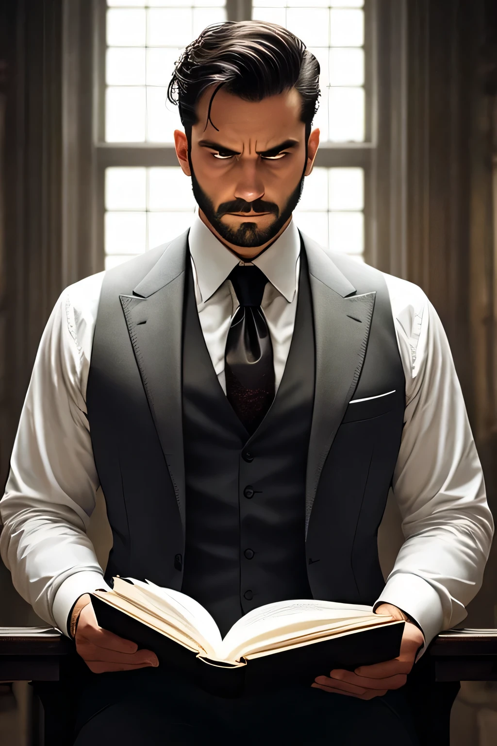 A man with serious intent sits in a dimly lit room, a stark contrast to the grave expression on his face. The ambiance is dark and moody, the only source of light coming from a solitary table lamp casting long, dramatic shadows. The man's attire is somber, fitting the grave atmosphere - a tailored suit, the color of midnight, with a crisp white shirt and a dark tie.
He holds a large, leather-bound book in his hands, his eyes scanning the pages with intensity. His brow furrows deeply, concentration etched on his face. The room is deathly quiet, save for the occasional turn of the page and the sound of the man's breath. He