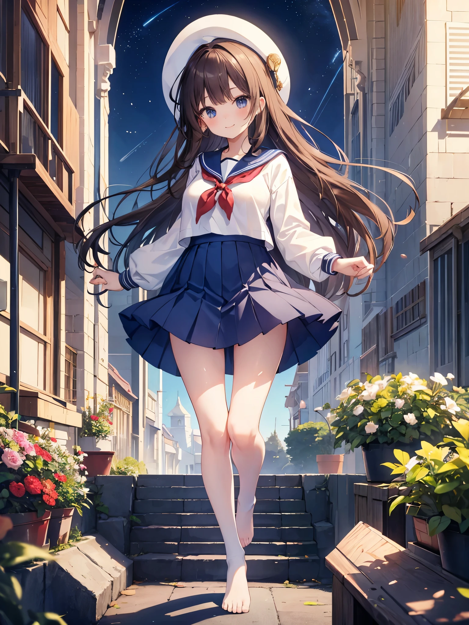 (alone), cute (One girl) walk,path,[From below:1.2　。Running up the stairs　Low - Angle　skirtの裏地が見えるように　Anime girl in uniform　White panties　　Pokemon Girl Flat Chest　Black Hair　Long Hair　skirt　
