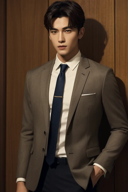 masterpiece,highest quality,Attention to detail,1 male,good looking,Sturdy yet sophisticated look,Fair skin with the charm of the boy next door,Exact details,blazer,Slim fit trousers,tie,Finely drawn backgrounds,Depth of written boundary,Visual Effects,Cinematic shots,Marunouchi