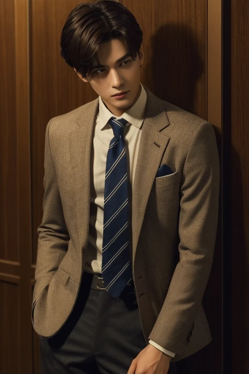 masterpiece,highest quality,Attention to detail,1 male,good looking,Sturdy yet sophisticated look,Fair skin with the charm of the boy next door,Exact details,blazer,Slim fit trousers,tie,Finely drawn backgrounds,Depth of written boundary,Visual Effects,Cinematic shots,Marunouchi