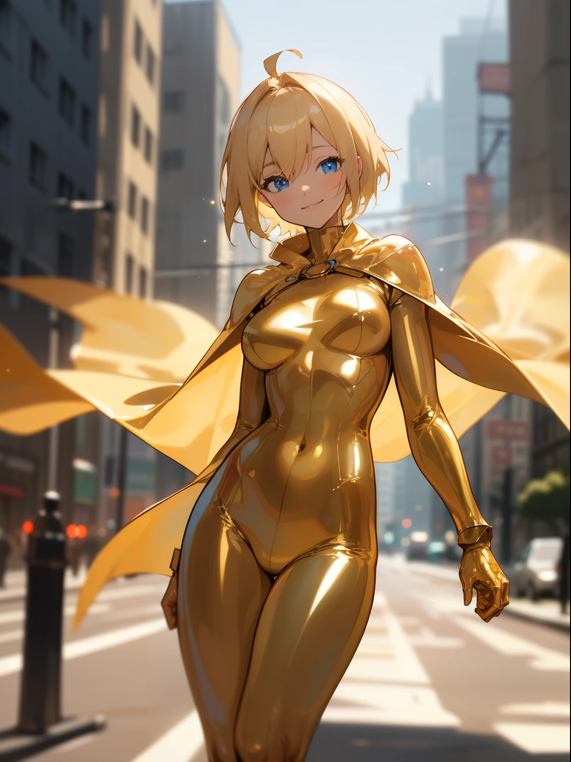 depth of field, perfect lighting, light particles,(best quality),(masterpiece),(ultra detailed),sharp focus, blue eyes, blonde hait,short hair, smile, solo, uper body, city street, scenery,20 years old,medium breasts superhero golden latex outfit, golden cape