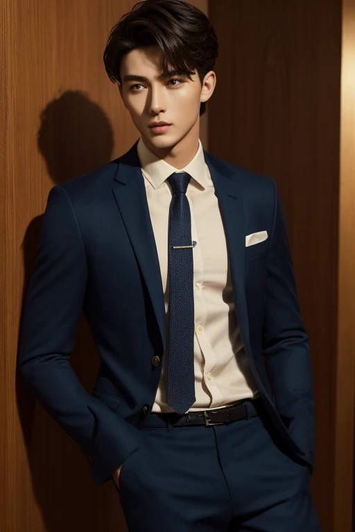 masterpiece,highest quality,Attention to detail,1 male,good looking,Sturdy yet sophisticated look,Fair skin with the charm of the boy next door,Exact details,blazer,Slim fit trousers,tie,Finely drawn backgrounds,Depth of written boundary,Visual Effects,Cinematic shots,Ferrari