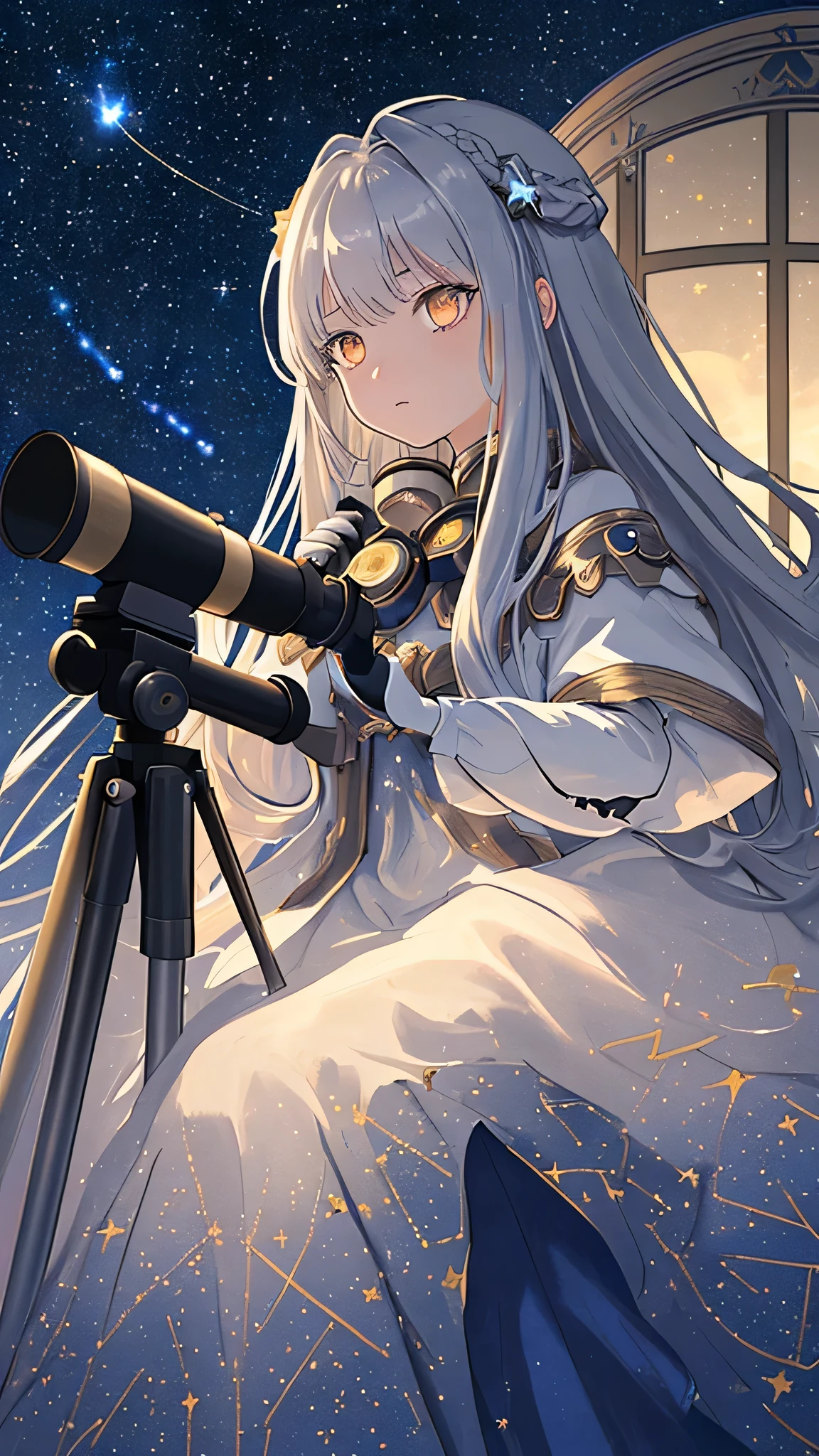 Masterpiece, top quality, 8k, super detailed, the anime-style illustration to an even higher quality, depicting a beautiful girl with long, silver hair using a homemade telescope to stargaze from a rooftop. She holds a star chart in one hand while pointing at the night sky with the other, her gaze intensely fixated through the telescope. Her silver hair flows gently in the night breeze, illuminated by the soft glow of starlight. The rooftop setting offers a panoramic view of the star-filled sky, rendered with even greater detail and clarity. The telescope's quirky design and the meticulously detailed star chart are emphasized, alongside a dynamically contrasted starry sky showcasing constellations and celestial phenomena. This scene captures the curiosity and passion of a young astronomer, ideal for a detailed and vertically oriented wallpaper in a 9:16 aspect ratio.