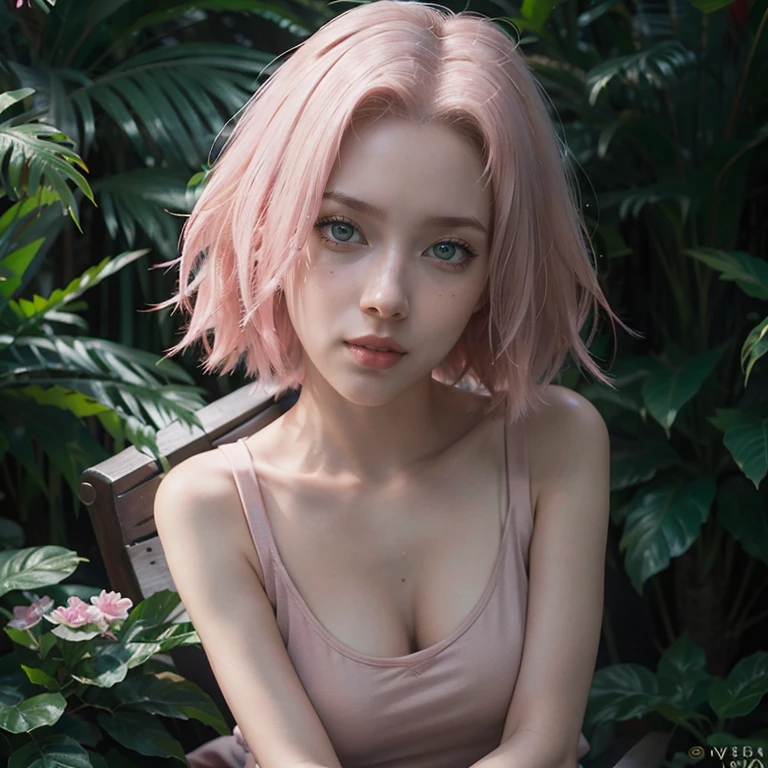 young woman, short shoulder-length pink hair, wide forehead, porcelain skin, pink eyebrows, big emerald green eyes, buttoned nose, full lips, heart-shaped face, slender body, small breasts, red tank top, Sakura Haruno , realistic, realism, details, 3d, well detailed