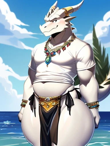 hi res,(((dragon, furry))), (  ), anthro, , , ((((long loincloth)))), ((((lingerie bikini, s\ex\y bikini, side-tie panties, tiny black thong)))), (((( male,  , anthro, slim, skinny, )))), male, , anthro, , slim, Skinny, tail, adults, mature, (((male))), (((((((((solo))))))))) outside, plant, standing, sea, tree, (water), detailed background,by milkytiger1145,by takemoto arashi,by null-ghost, cold atmosphere, open smile, soft  blush, , ((((((((wearing white tshirts)))))))), ((((((((( thighs, thick thighs, wide hips))))))))), (((((golden accessory, loincloth accessory, loincloth jewelry, jewels and ornaments for loincloth, s\ex\y loincloth, belly dancer outfit, long pelvic curtain, narrow loincloth)))))