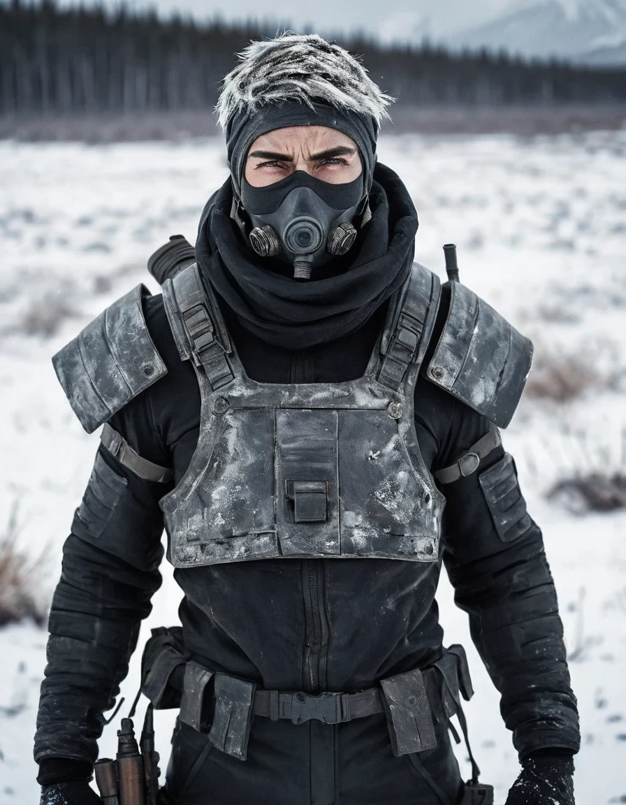 (Akós Major style),desolate wasteland landscape, futuristic, post-apocalyptic, armed bandit, strong-willed expression, tight-fitting stealth suit, thick and arched eyebrows, short salt-and-pepper hair, weathered face, holding a heavy weapon, bandage wrapped around the head, background: snowy wilderness in Siberia or Northeast, devastated after nuclear catastrophe.