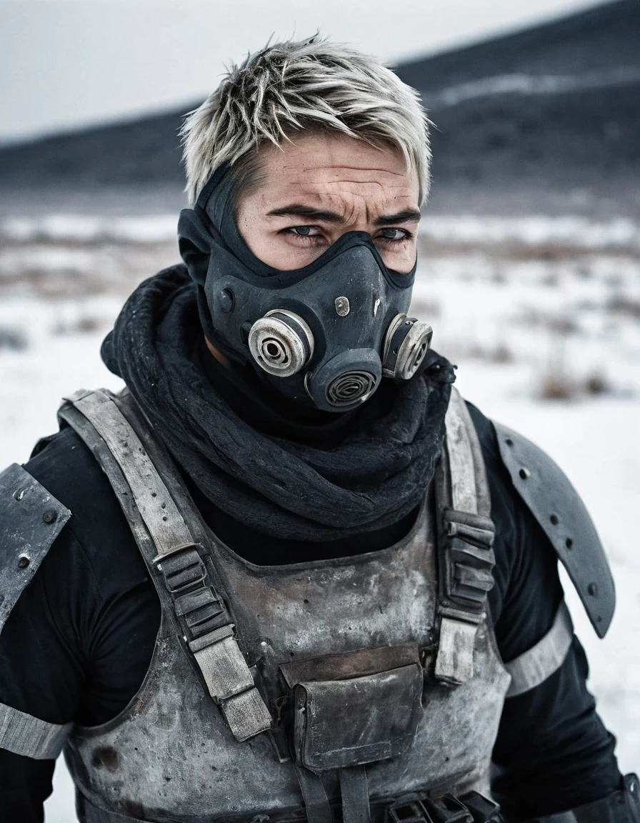 (Akós Major style),desolate wasteland landscape, futuristic, post-apocalyptic, armed bandit, strong-willed expression, tight-fitting stealth suit, thick and arched eyebrows, short salt-and-pepper hair, weathered face, holding a heavy weapon, bandage wrapped around the head, background: snowy wilderness in Siberia or Northeast, devastated after nuclear catastrophe.