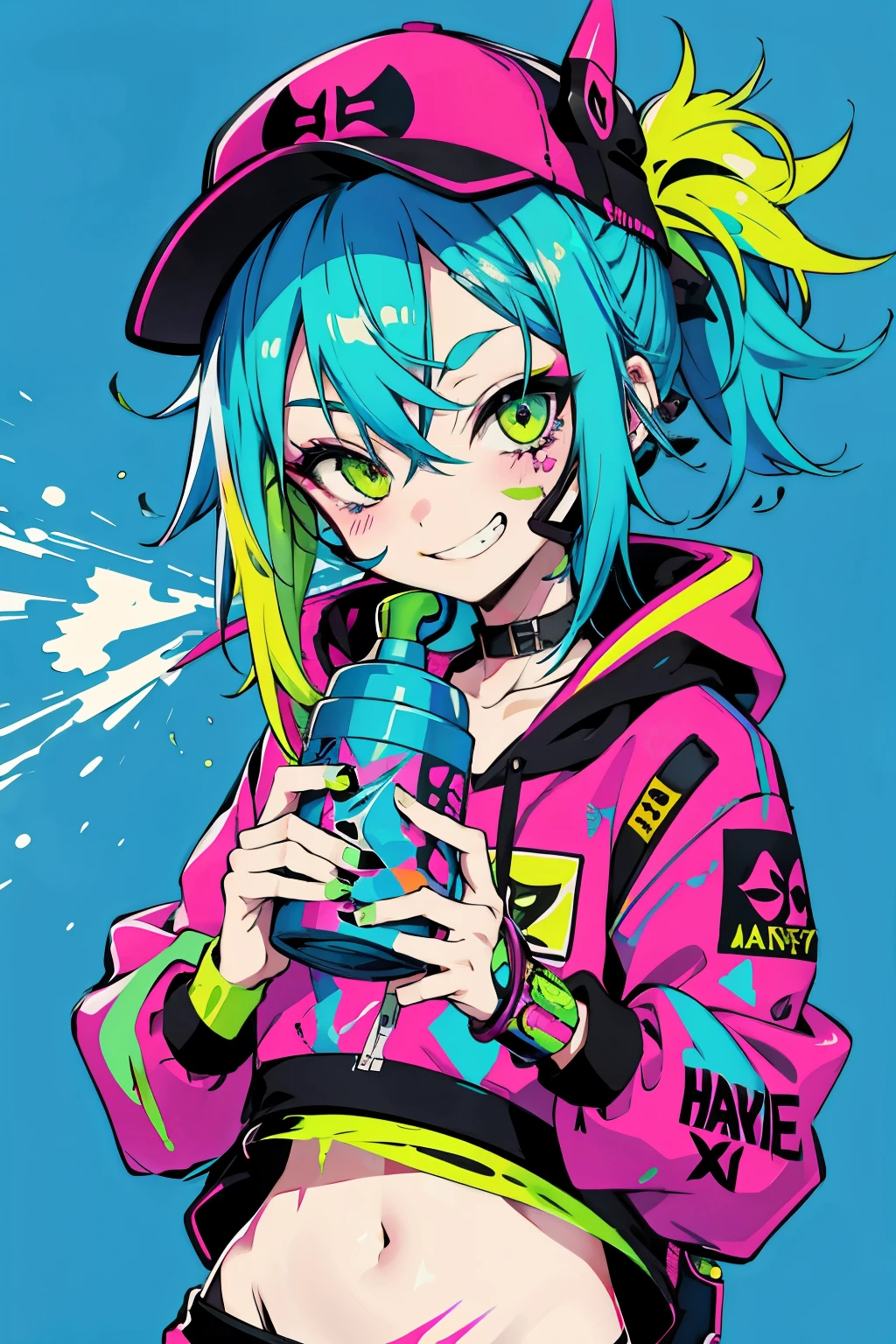 Slim anime girl with hat and mask, Thin face, Holding a spray can, green messy hair, Neon pink and blue street background, Stickers, Grinning face, Harley vibe, Naughty 