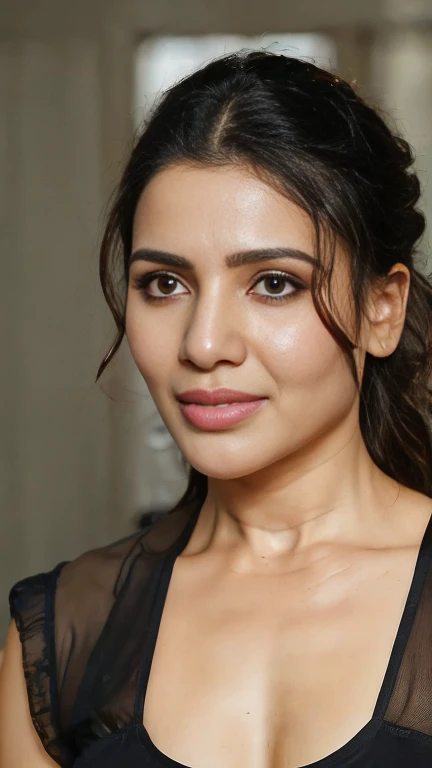 Top down view, A photograph of beautiful samantha ruth prabhu showing her half body, messy long free black hair, sunlight, ((lingerie)),clear forehead, capturing a home-made photo from bedroom,biting her lips sexily, looking up into camera, She looks into the camera with black pupil eyes, Background is a messy middle class bedroom,half body seen, realistic, Soft, cool light filter, casting a golden glow on her face, average size,((clear forehead)), ((untoned abs)), half body, tongue out
Camera Settings:
Type of Photography: Selfie, Gear: Samsung Galaxy S21, Settings: f/11, ISO 100, 1/50 sec.