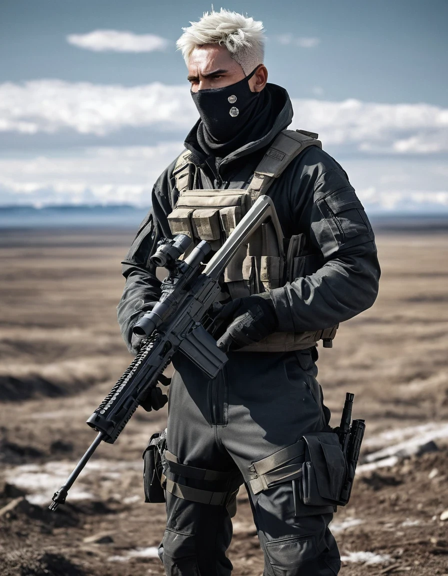 (Akós Major style), desolate wasteland landscape, futuristic, post-apocalyptic, (a swarthy gangster armed with a Barrett M82A1 sniper rifle), stoic expression, tight stealth suit, thick eyebrows, short silvery-white hair, weather-beaten face, heavy weapon in hand, bandages on his head, Setting: the snowy plains of Siberia or the North-East, devastated after a nuclear disaster.