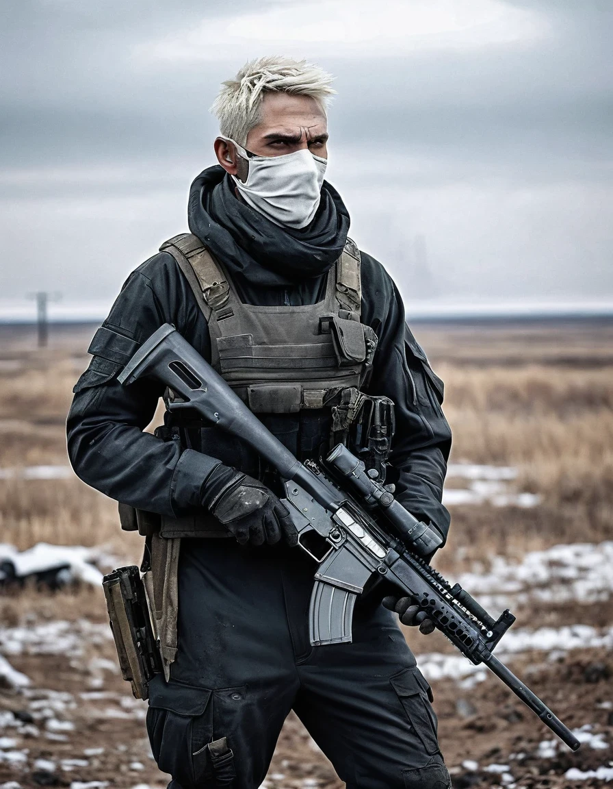 (Akós Major style), desolate wasteland landscape, futuristic, post-apocalyptic, (a swarthy gangster armed with a Barrett M82A1 sniper rifle), stoic expression, tight stealth suit, thick eyebrows, short silvery-white hair, weather-beaten face, heavy weapon in hand, bandages on his head, Setting: the snowy plains of Siberia or the North-East, devastated after a nuclear disaster.