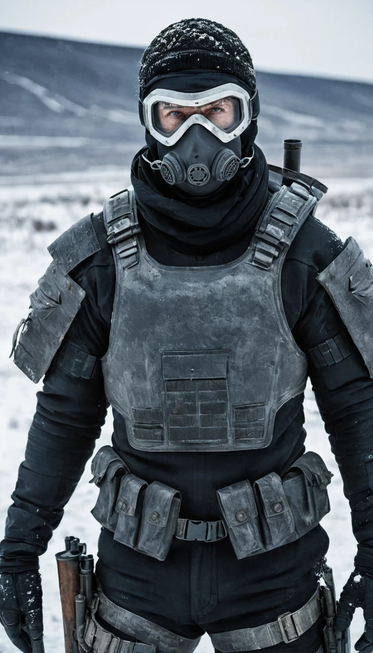 (Akós Major style),desolate wasteland landscape, futuristic, post-apocalyptic, armed bandit, strong-willed expression, tight-fitting stealth suit, thick and arched eyebrows, short salt-and-pepper hair, weathered face, holding a heavy weapon, bandage wrapped around the head, background: snowy wilderness in Siberia or Northeast, devastated after nuclear catastrophe.