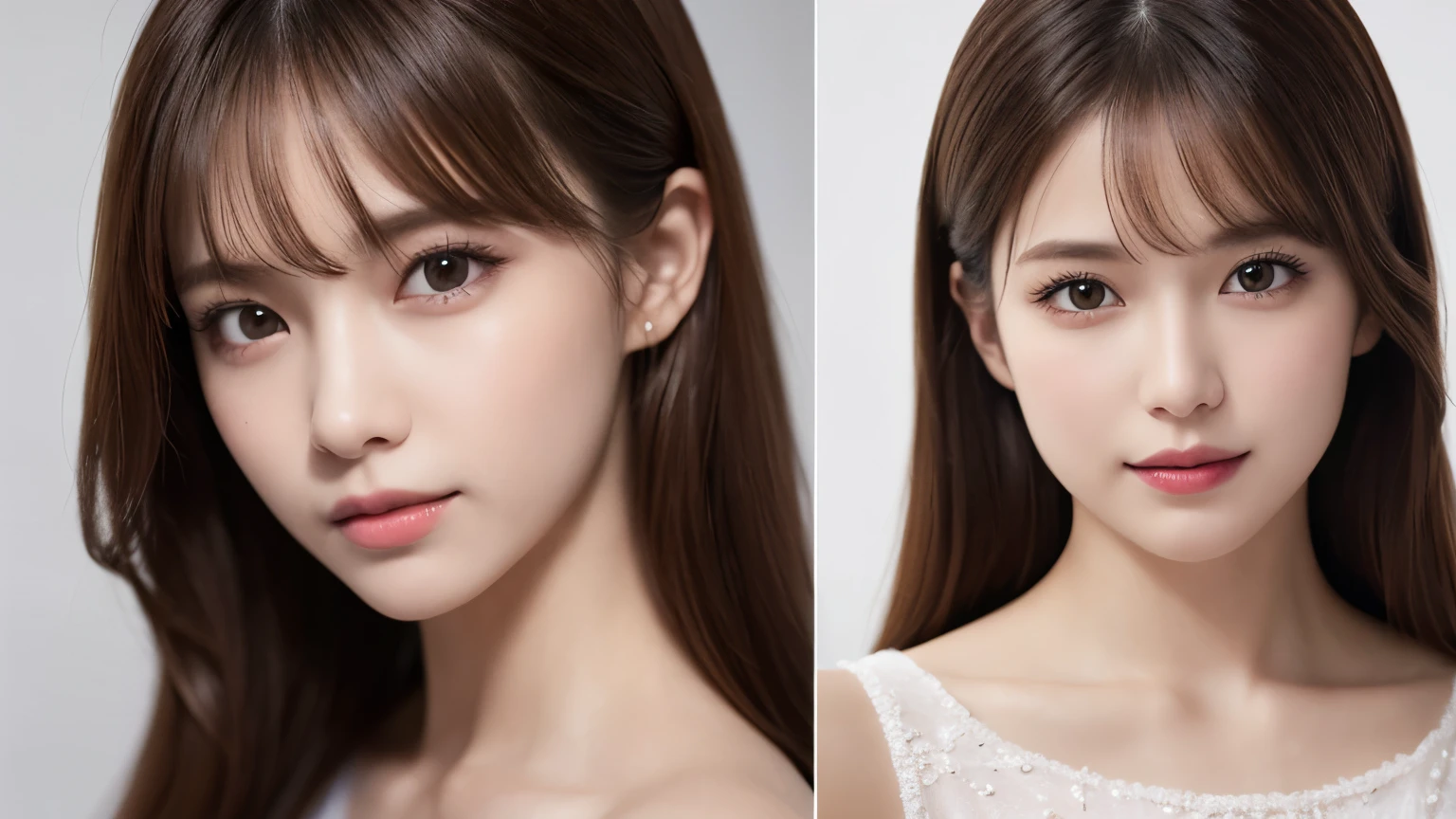 One Girl, (Dress in trendy fashion:1.2), (RAW Photos, highest quality), (Realistic, Photorealistic:1.4), Tabletop, Very delicate and beautiful, Very detailed, 2k wallpaper, wonderful, In detail, Very detailedな CG Unity 8K 壁紙, Very detailedな, High resolution, Soft Light, Beautiful detailed girl, looking at the camera、Very detailedな目と顔, Beautifully detailed nose, Beautiful fine details, Long Hair, small, High-brand dresses、White background、Background is white、Cinema Lighting, Perfect ???????, Slender body, smile, 