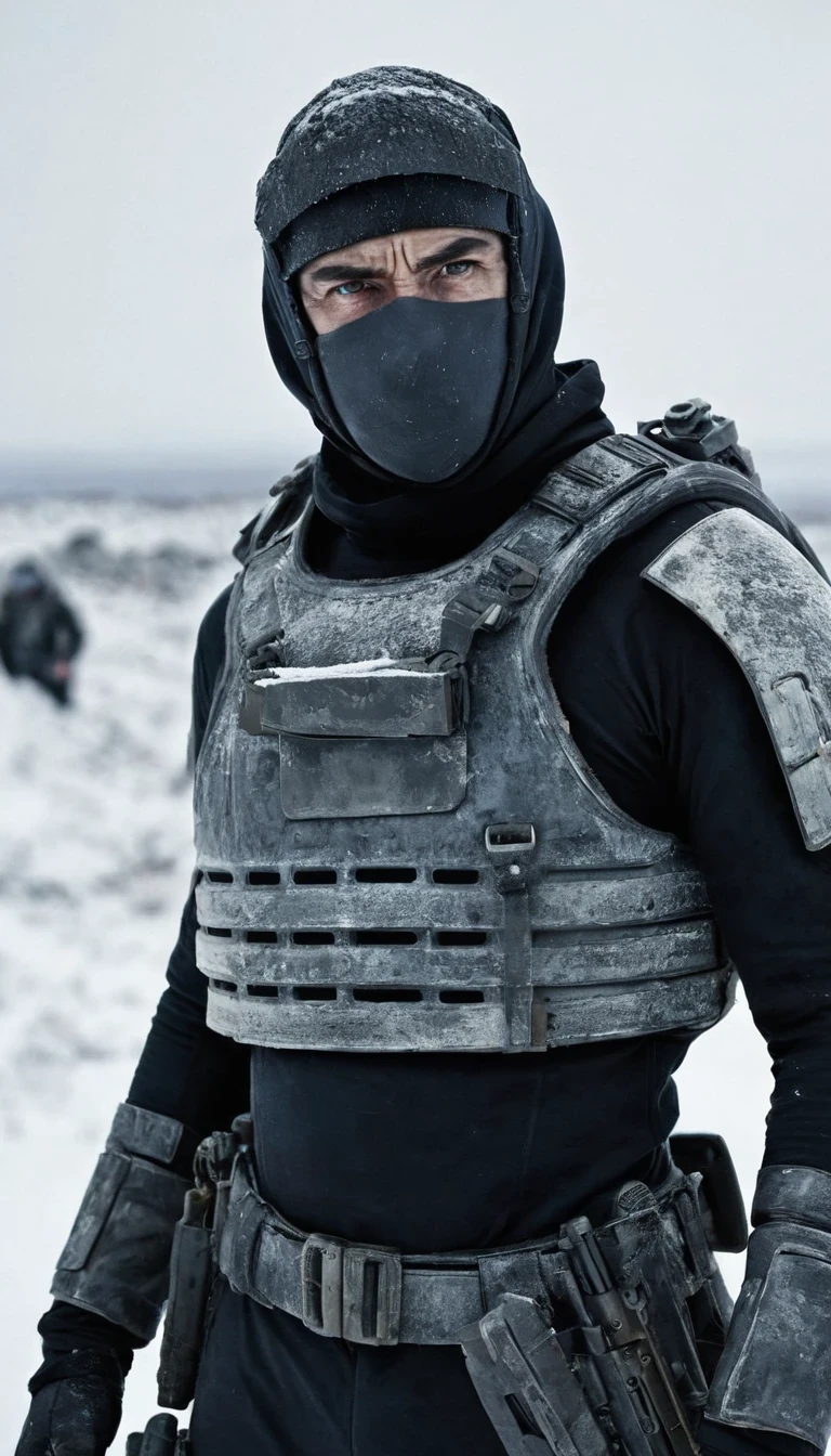 (Akós Major style),desolate wasteland landscape, futuristic, post-apocalyptic, armed bandit, strong-willed expression, tight-fitting stealth suit, thick and arched eyebrows, short salt-and-pepper hair, weathered face, holding a heavy weapon, bandage wrapped around the head, background: snowy wilderness in Siberia or Northeast, devastated after nuclear catastrophe.